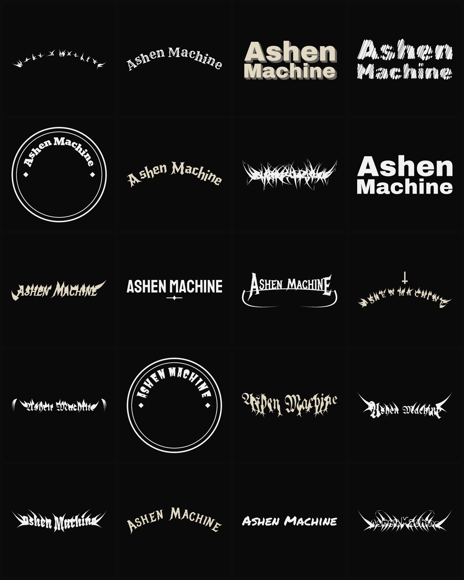 Twenty Ashen Machine band logo ideas — different faces, treatments and spike settings