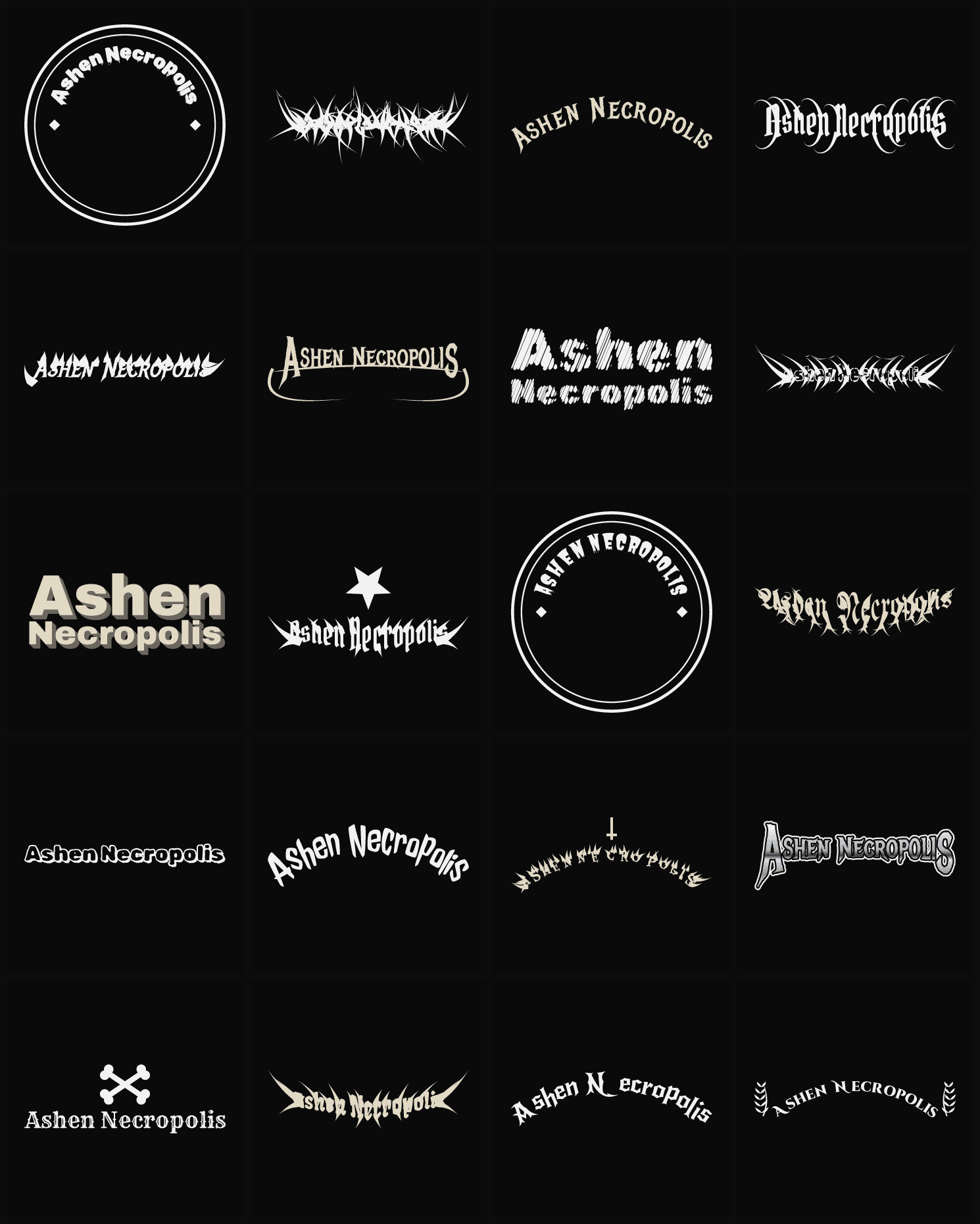Twenty Ashen Necropolis band logo ideas — different faces, treatments and spike settings