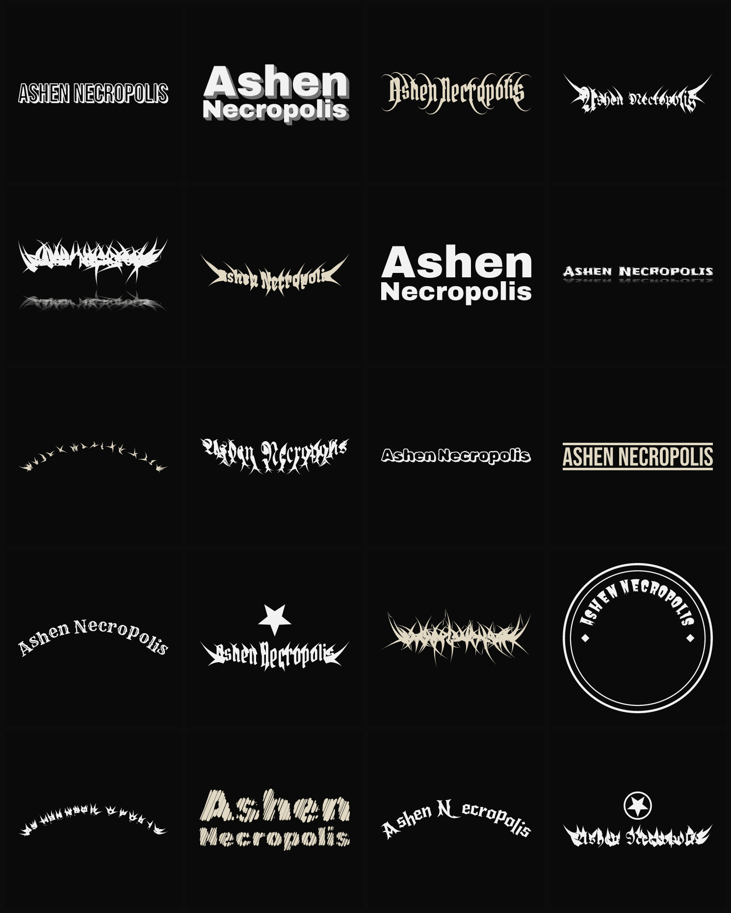 Twenty Ashen Necropolis band logo ideas — different faces, treatments and spike settings