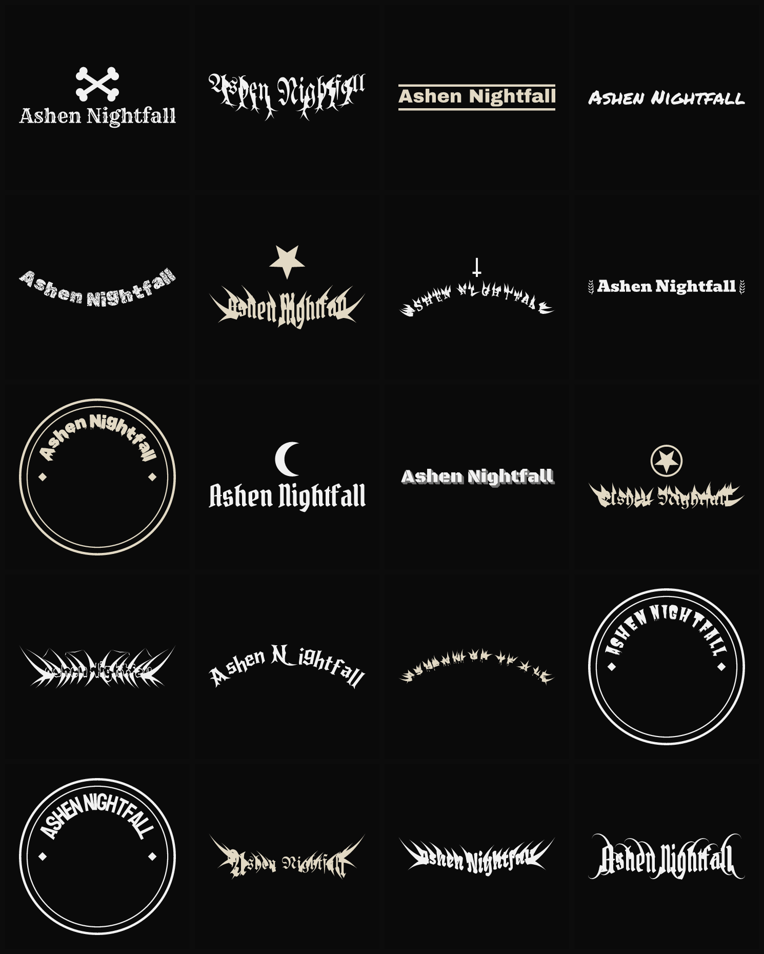 Twenty Ashen Nightfall band logo ideas — different faces, treatments and spike settings