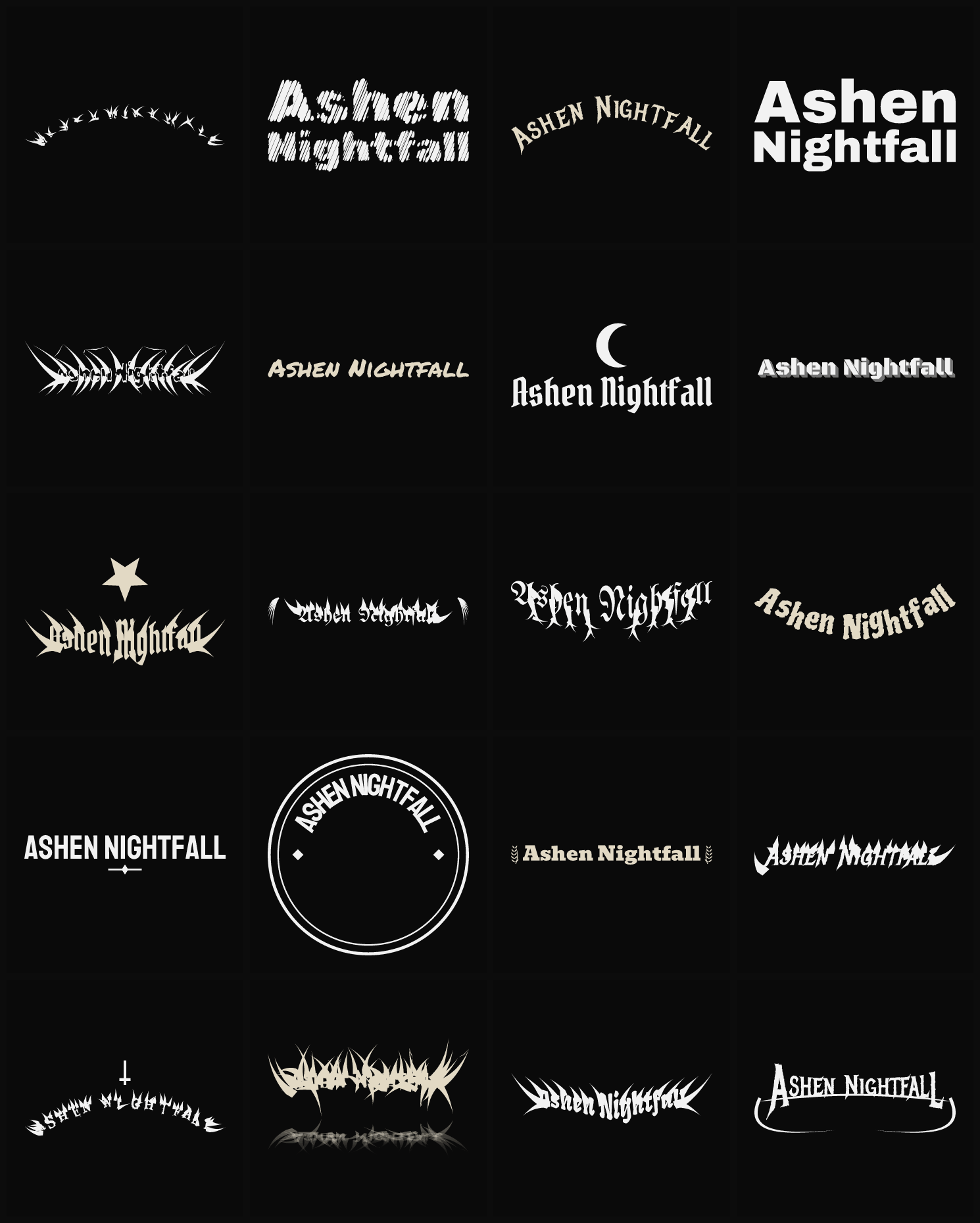 Twenty Ashen Nightfall band logo ideas — different faces, treatments and spike settings