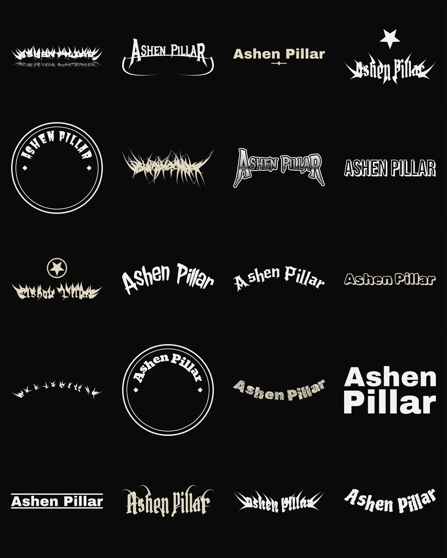 Twenty Ashen Pillar band logo ideas — different faces, treatments and spike settings