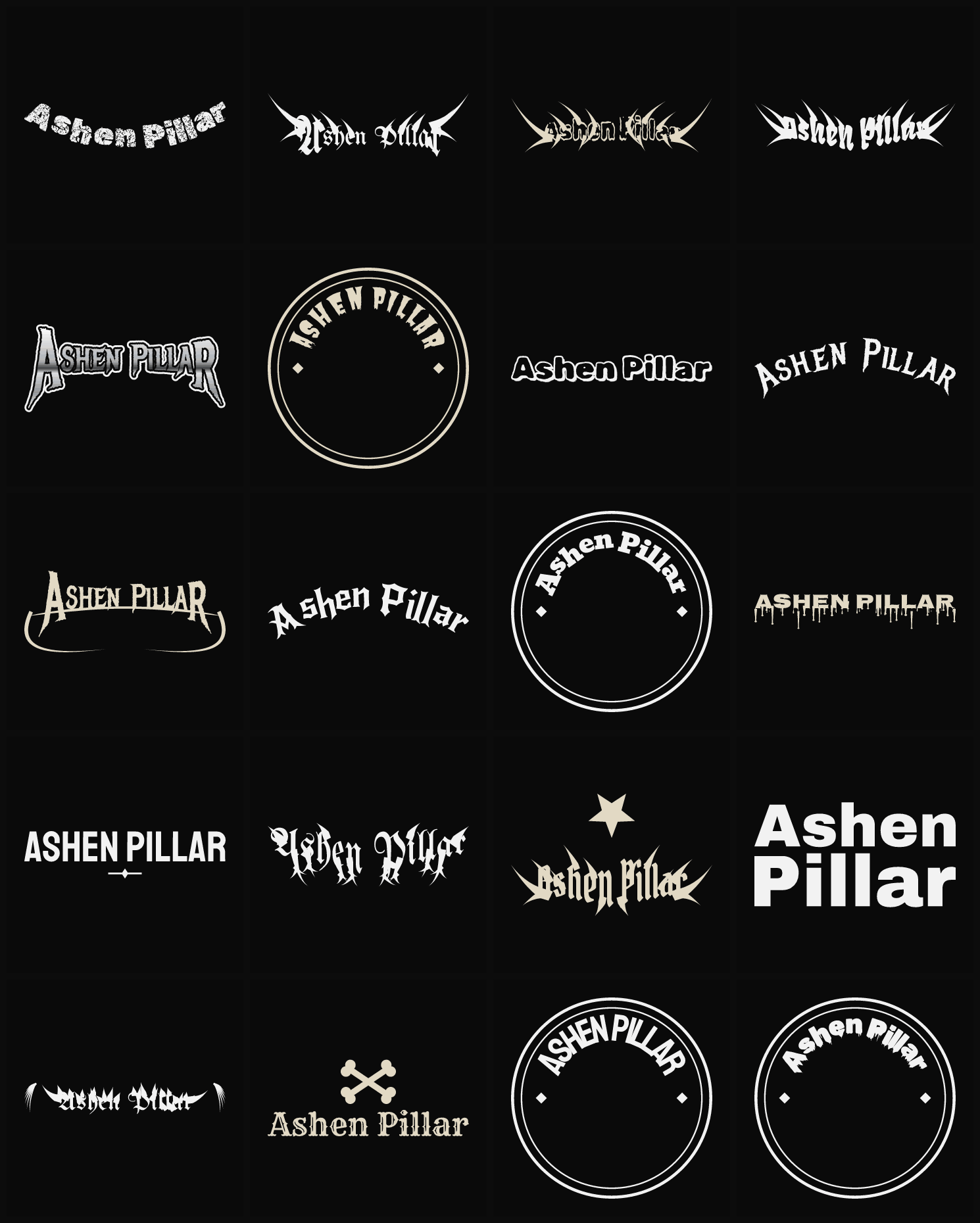 Twenty Ashen Pillar band logo ideas — different faces, treatments and spike settings