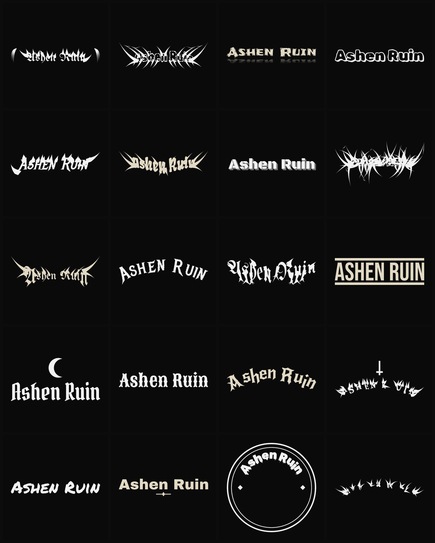 Twenty Ashen Ruin band logo ideas — different faces, treatments and spike settings