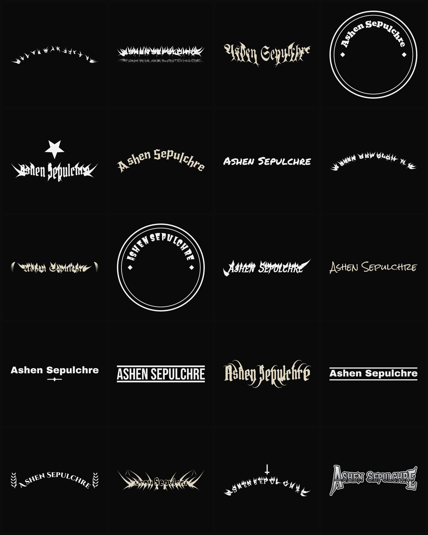 Twenty Ashen Sepulchre band logo ideas — different faces, treatments and spike settings