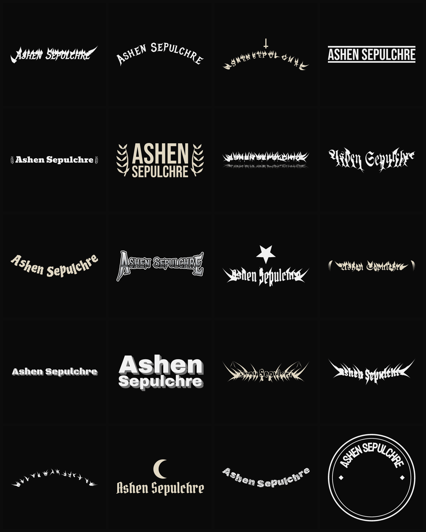 Twenty Ashen Sepulchre band logo ideas — different faces, treatments and spike settings