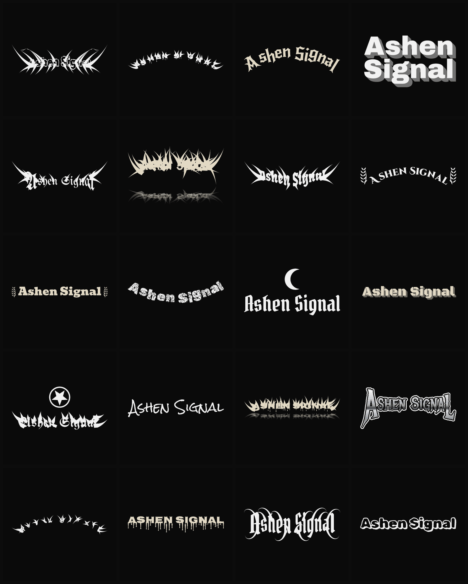 Twenty Ashen Signal band logo ideas — different faces, treatments and spike settings