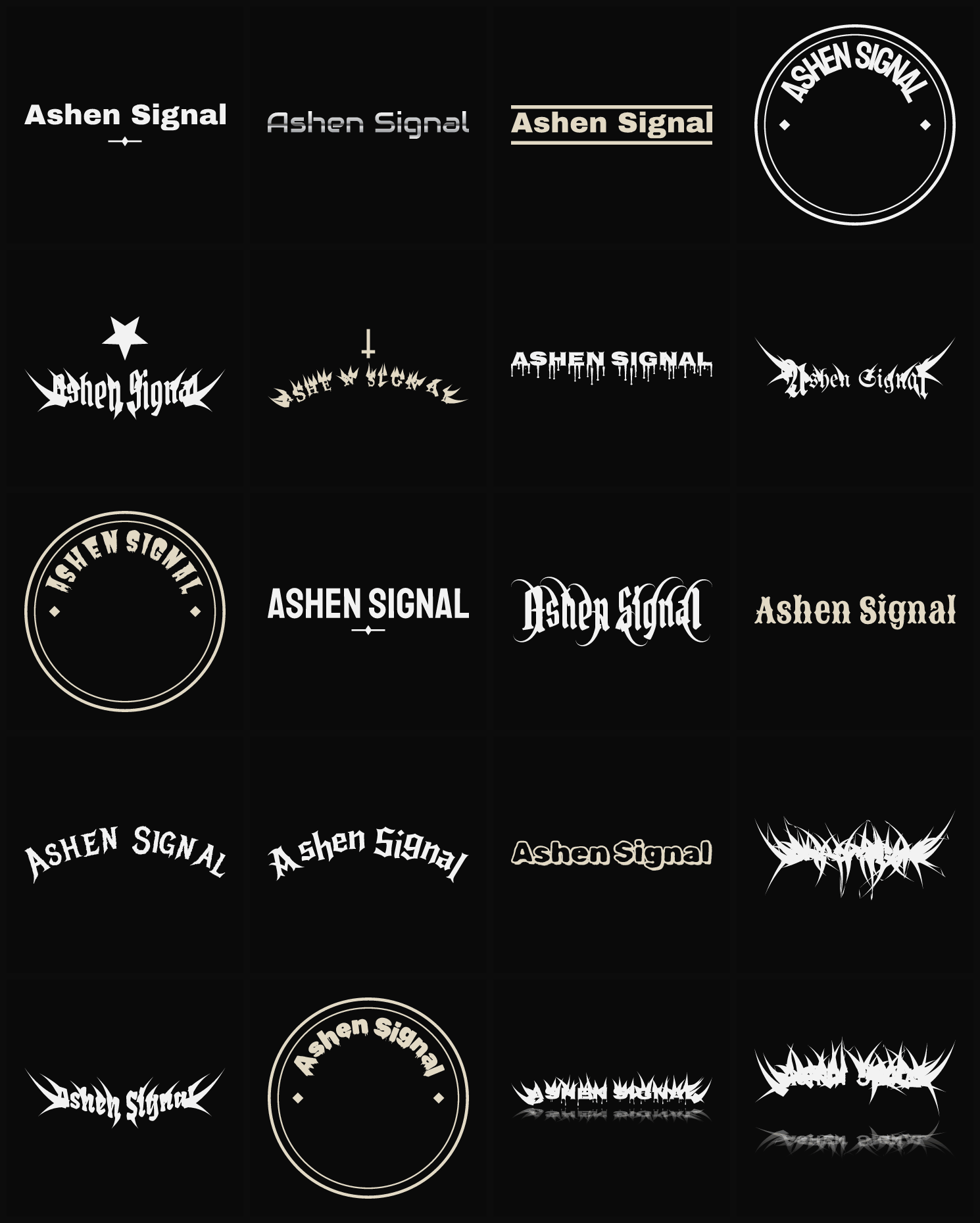 Twenty Ashen Signal band logo ideas — different faces, treatments and spike settings
