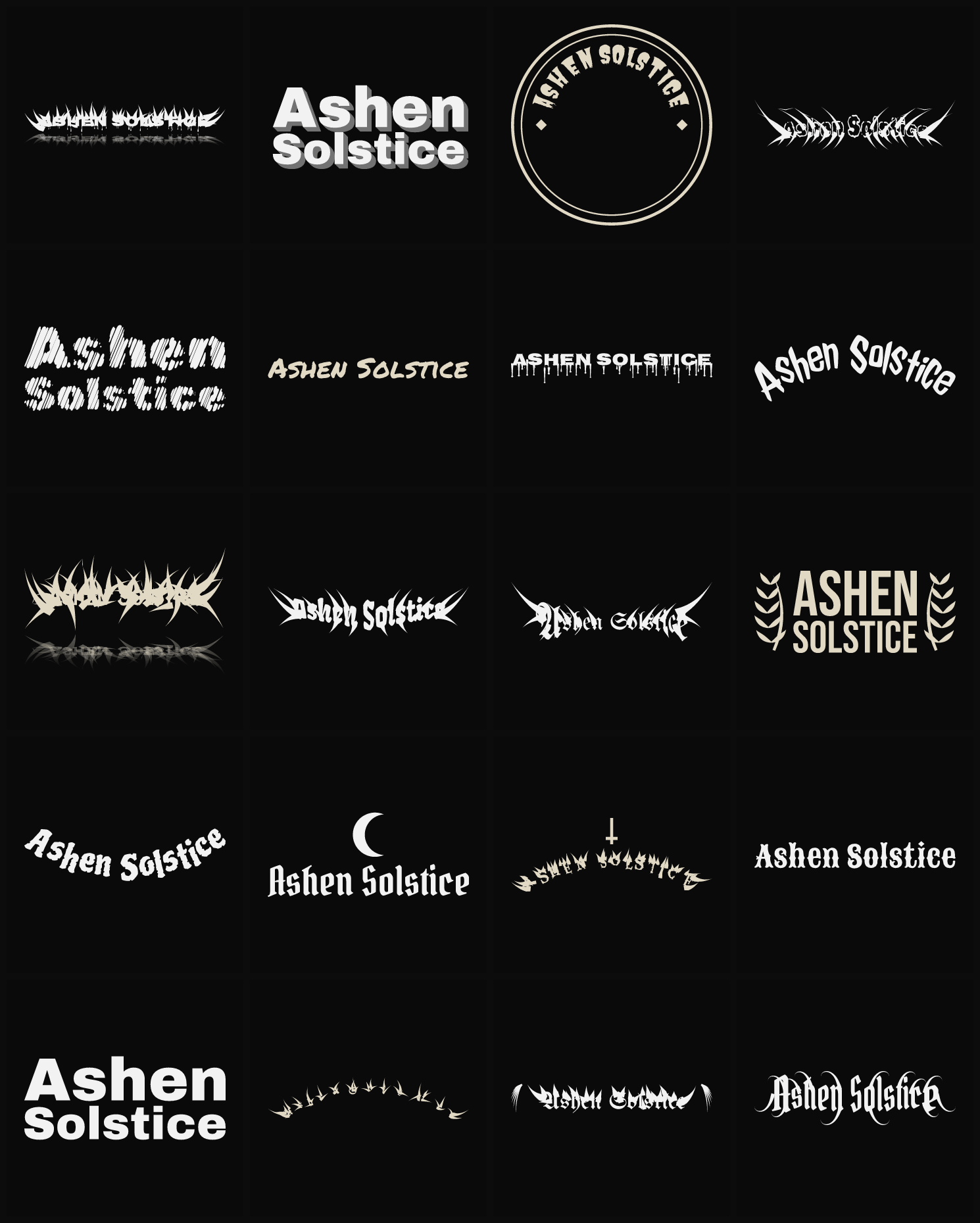 Twenty Ashen Solstice band logo ideas — different faces, treatments and spike settings
