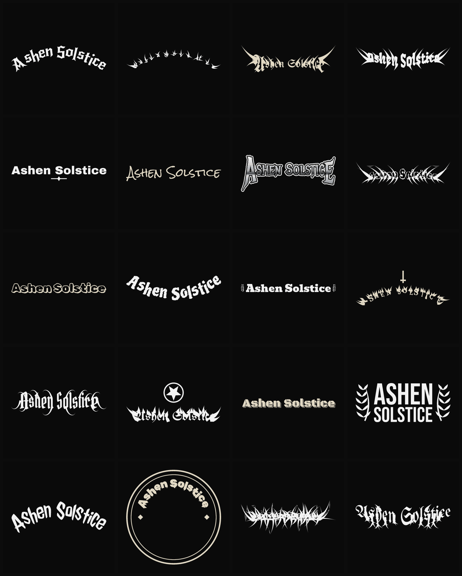 Twenty Ashen Solstice band logo ideas — different faces, treatments and spike settings
