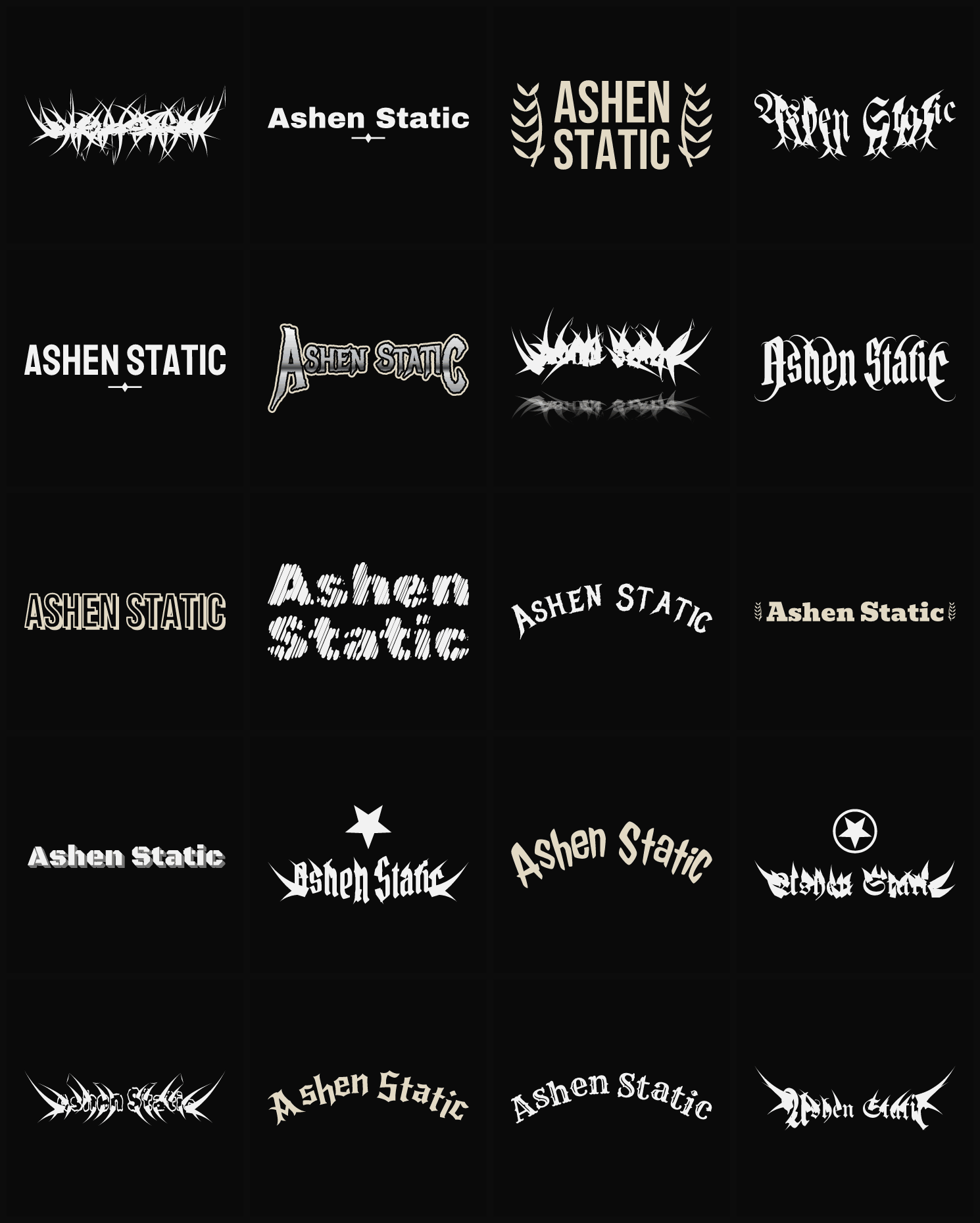 Twenty Ashen Static band logo ideas — different faces, treatments and spike settings