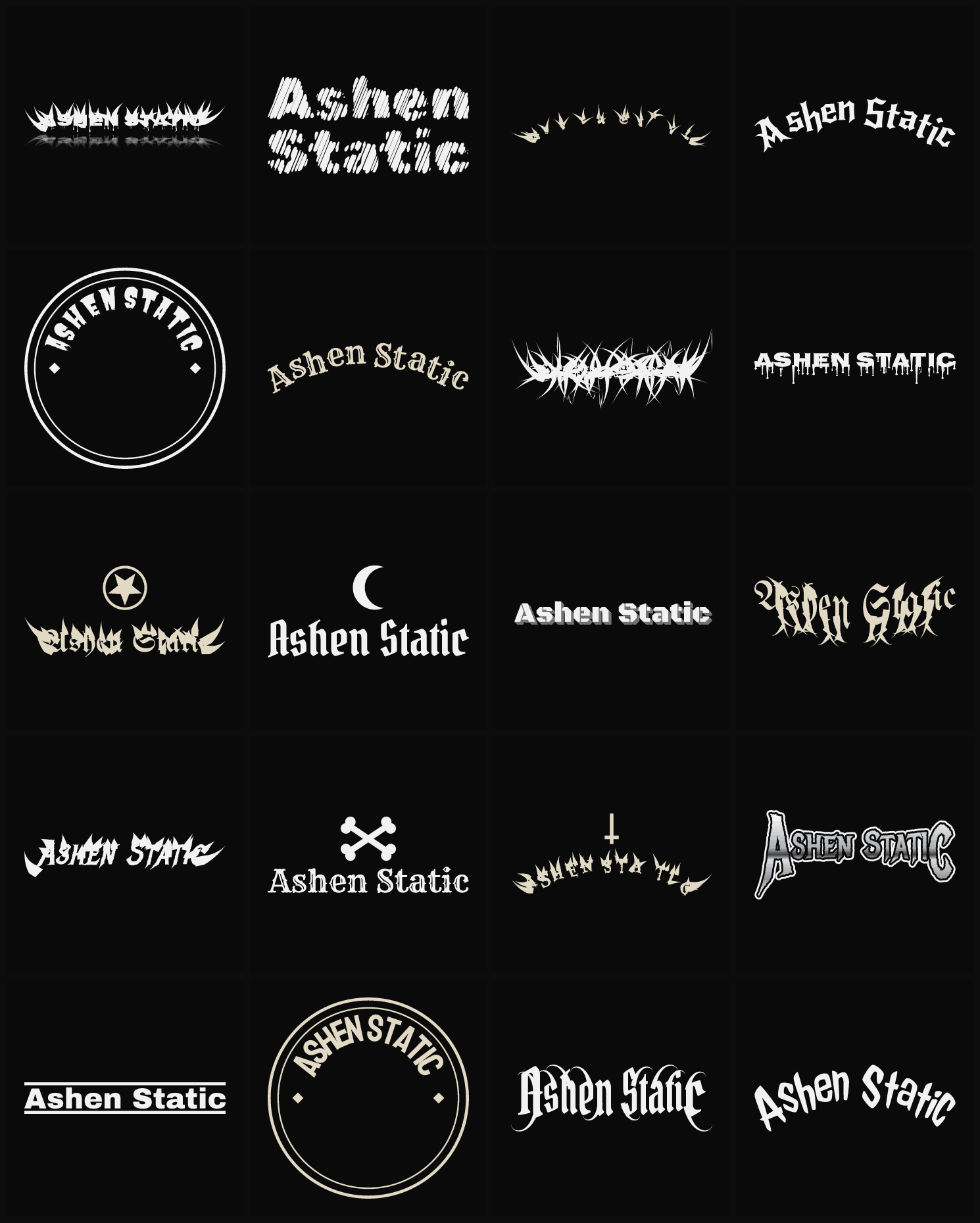 Twenty Ashen Static band logo ideas — different faces, treatments and spike settings