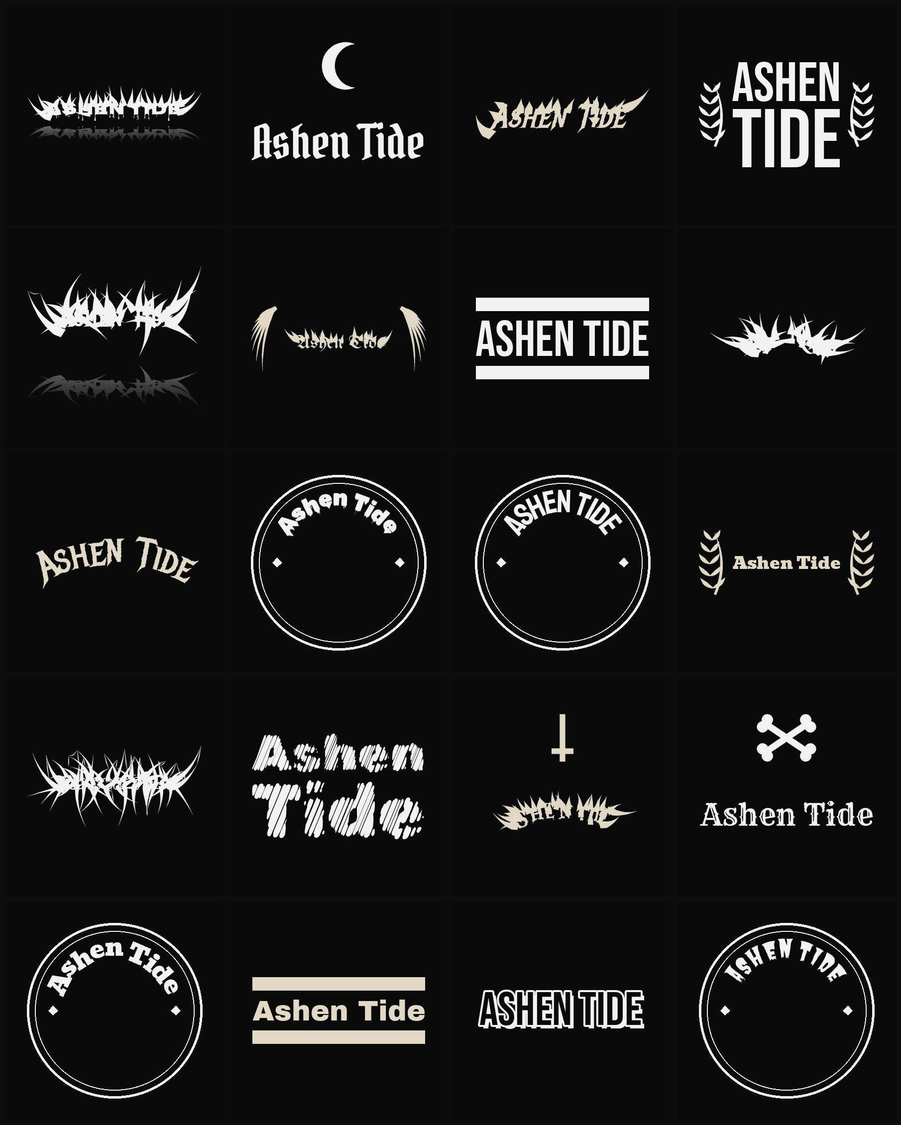 Twenty Ashen Tide band logo ideas — different faces, treatments and spike settings