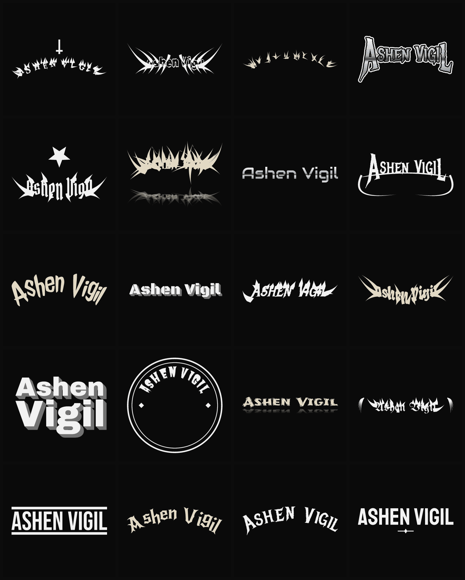 Twenty Ashen Vigil band logo ideas — different faces, treatments and spike settings