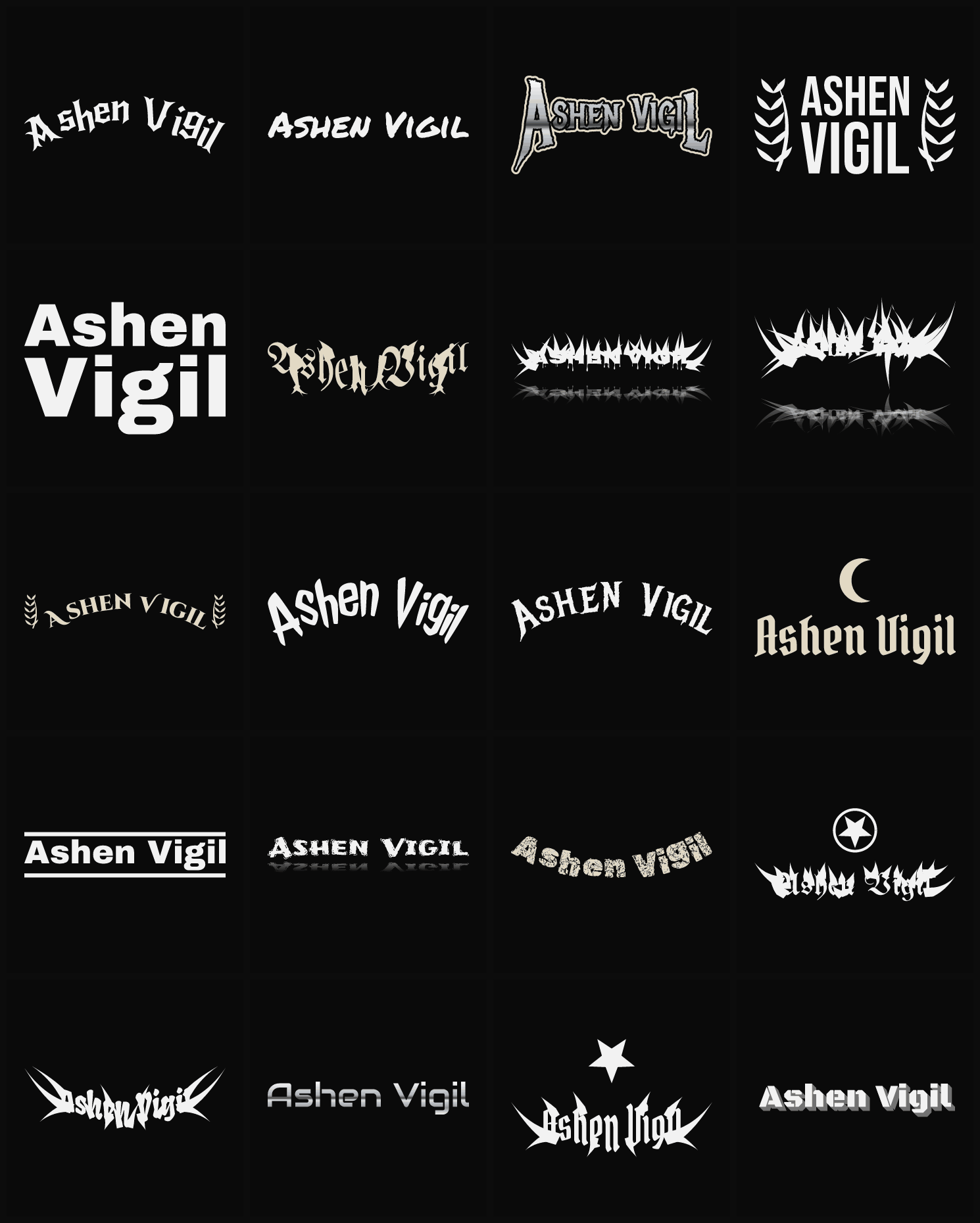 Twenty Ashen Vigil band logo ideas — different faces, treatments and spike settings