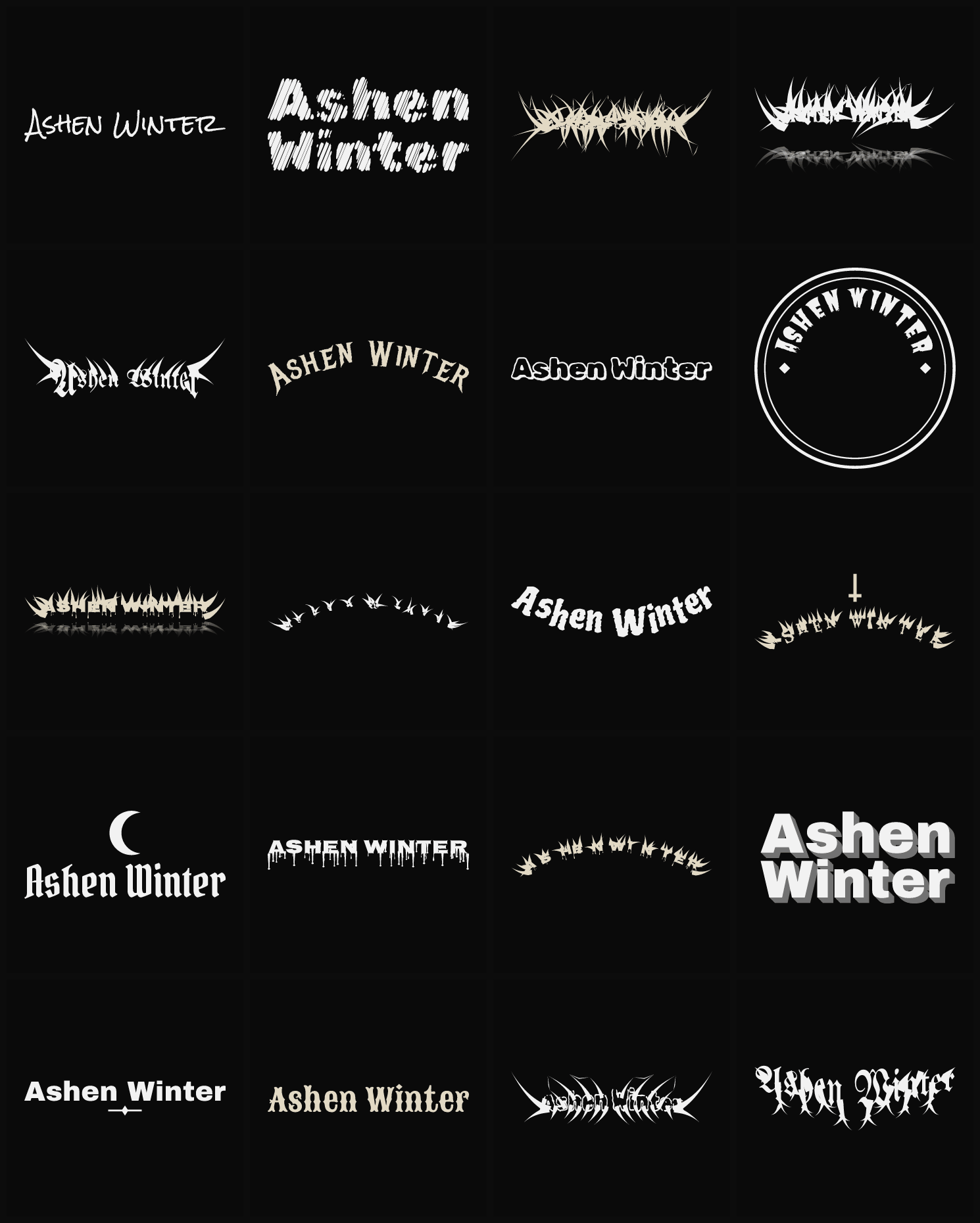 Twenty Ashen Winter band logo ideas — different faces, treatments and spike settings