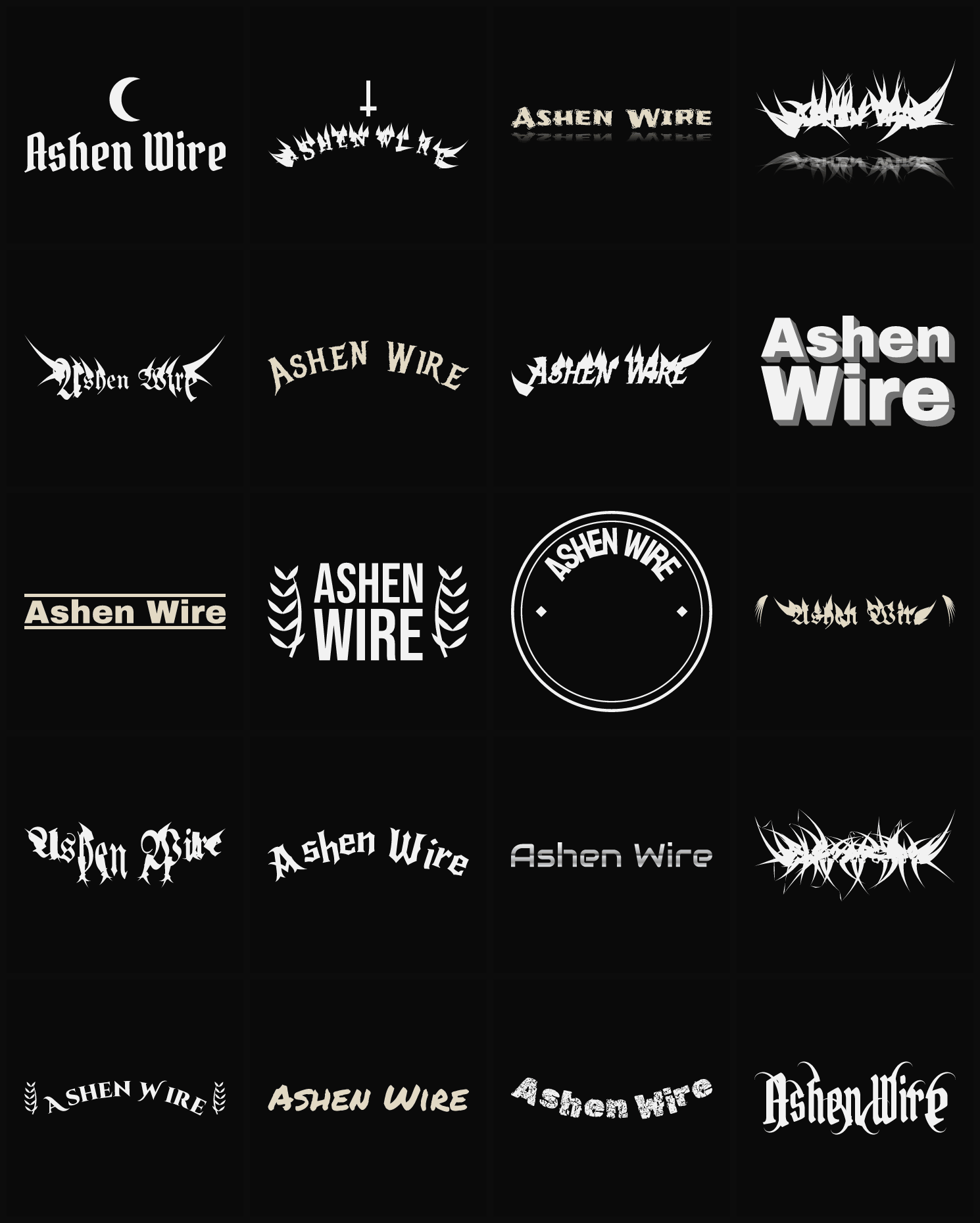 Twenty Ashen Wire band logo ideas — different faces, treatments and spike settings