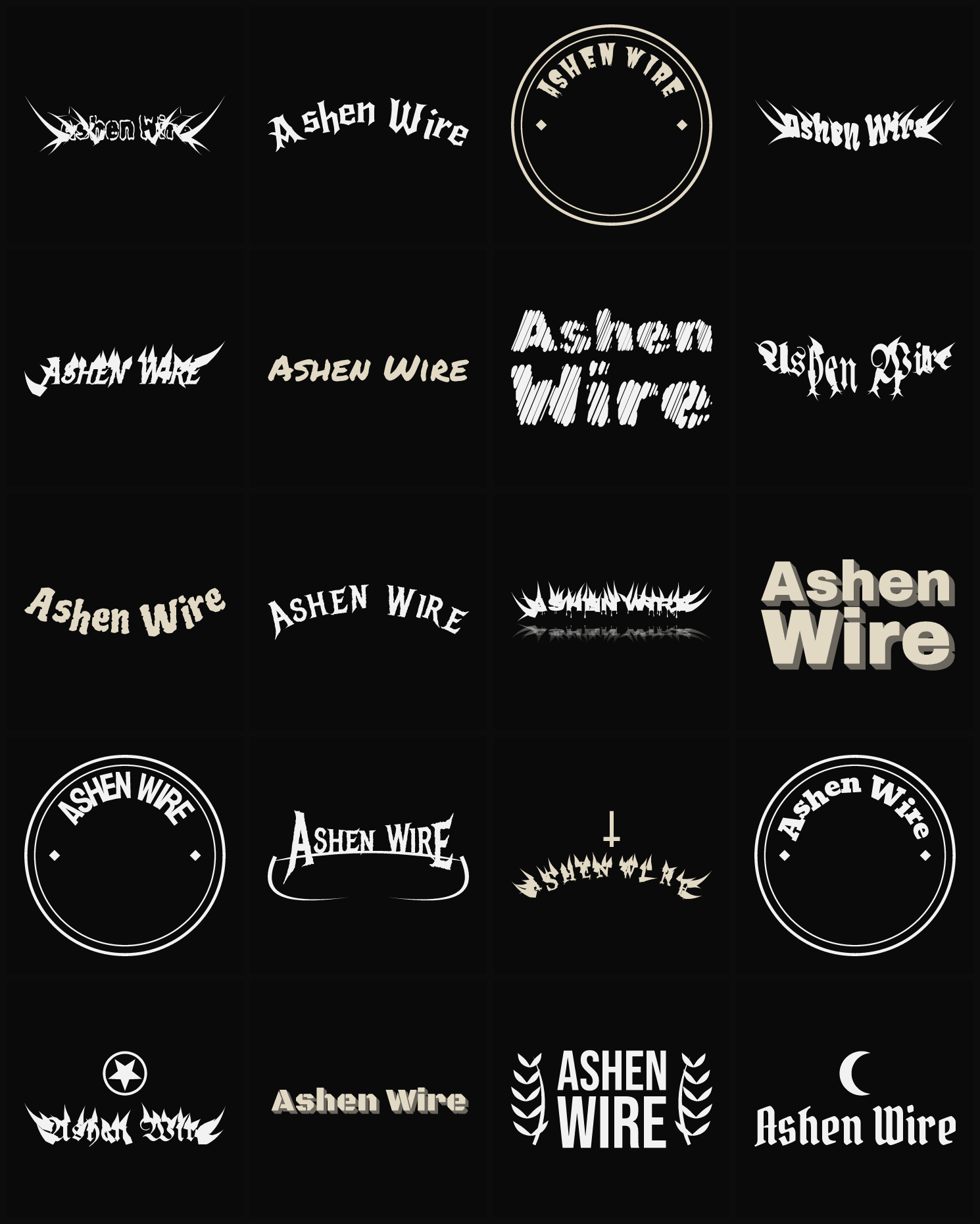 Twenty Ashen Wire band logo ideas — different faces, treatments and spike settings