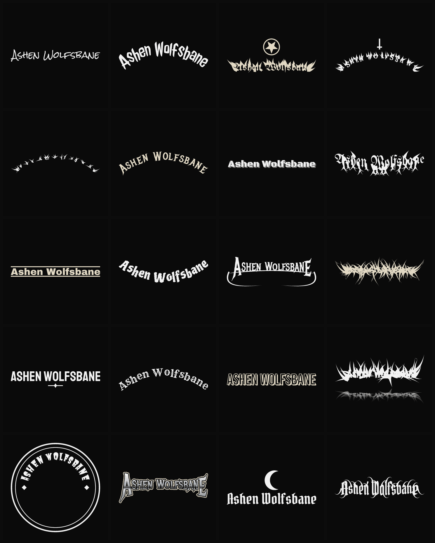 Twenty Ashen Wolfsbane band logo ideas — different faces, treatments and spike settings