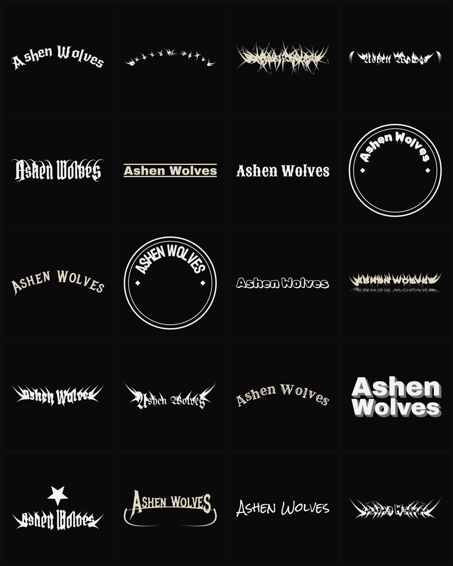 Twenty Ashen Wolves band logo ideas — different faces, treatments and spike settings