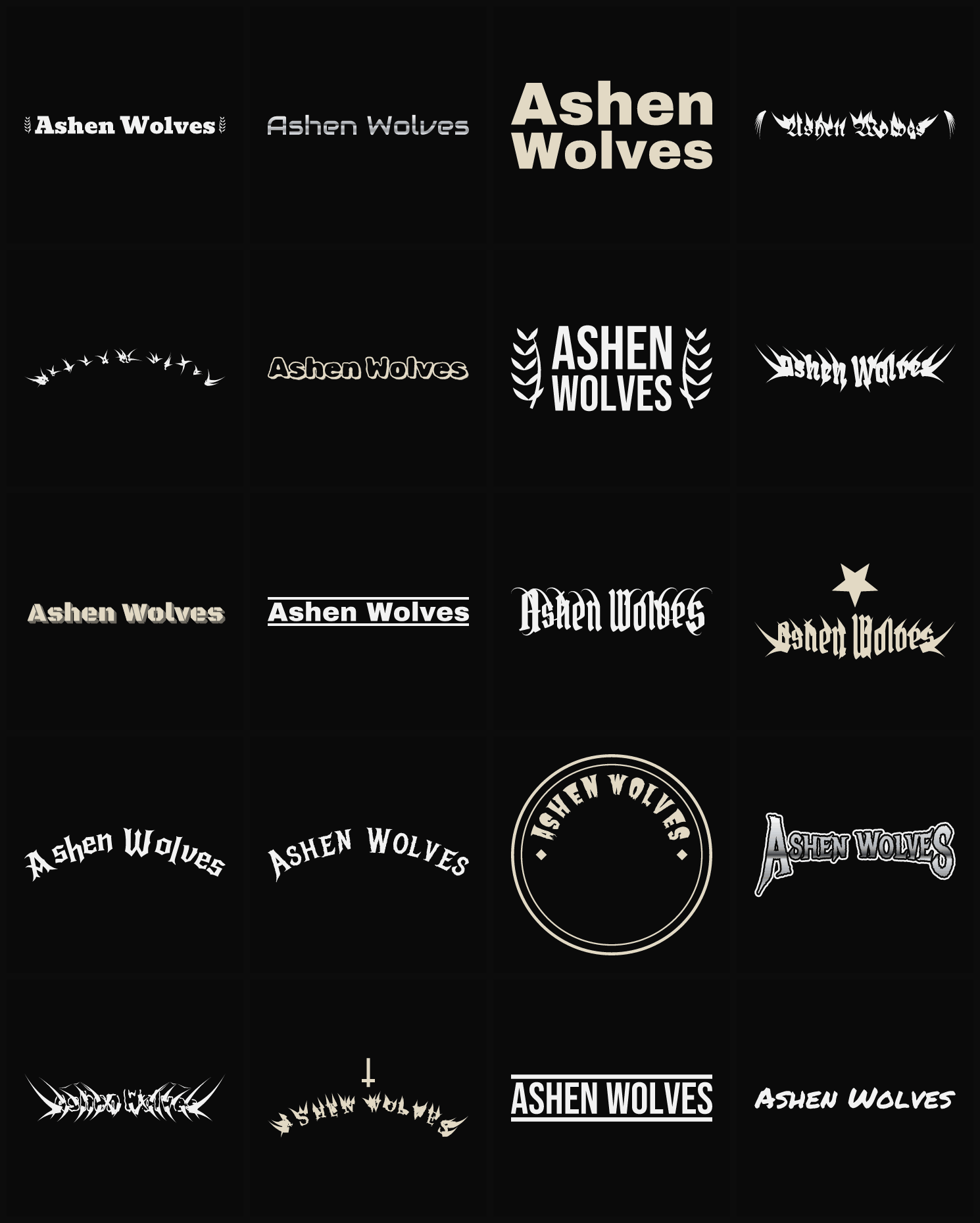 Twenty Ashen Wolves band logo ideas — different faces, treatments and spike settings
