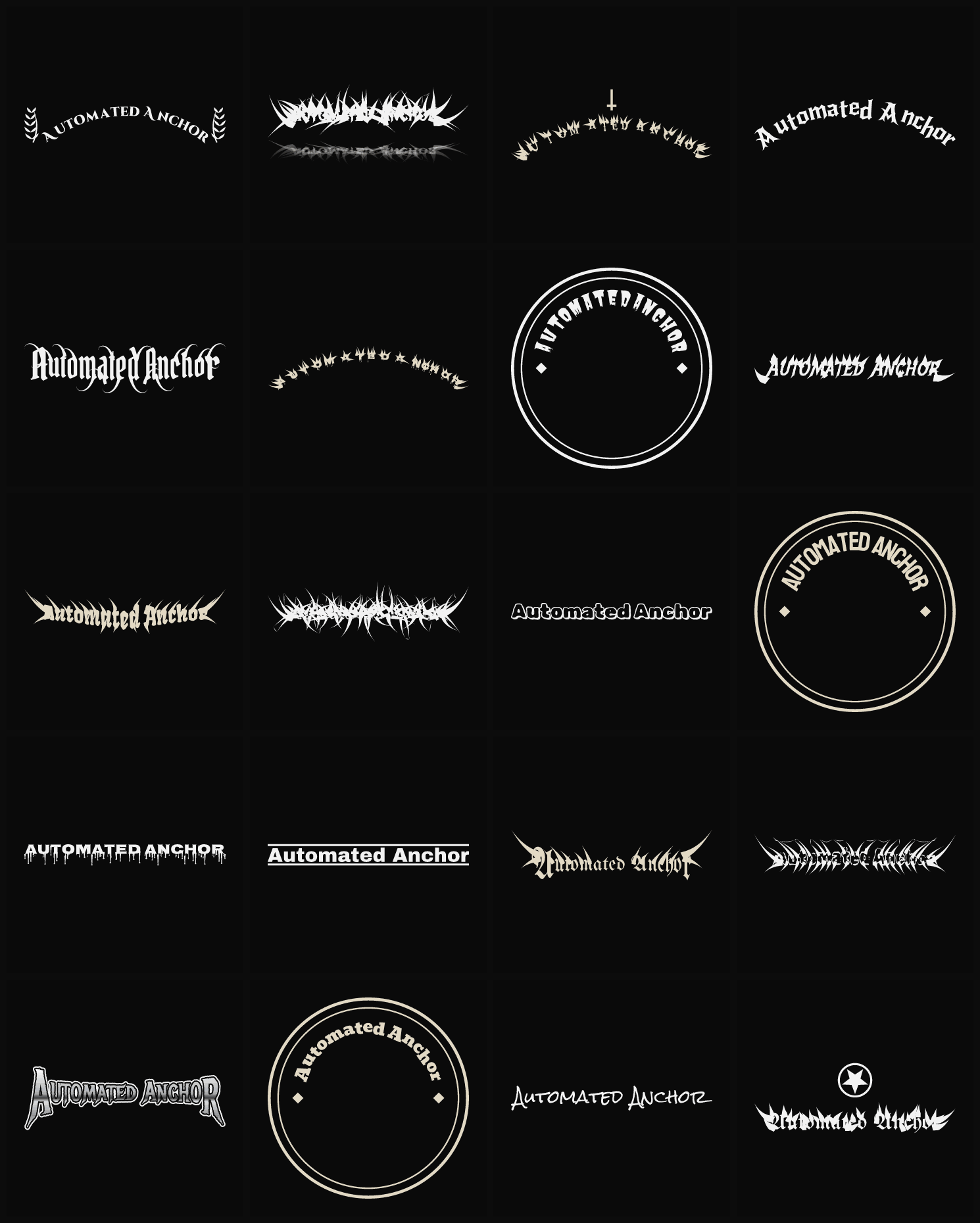 Twenty Automated Anchor band logo ideas — different faces, treatments and spike settings