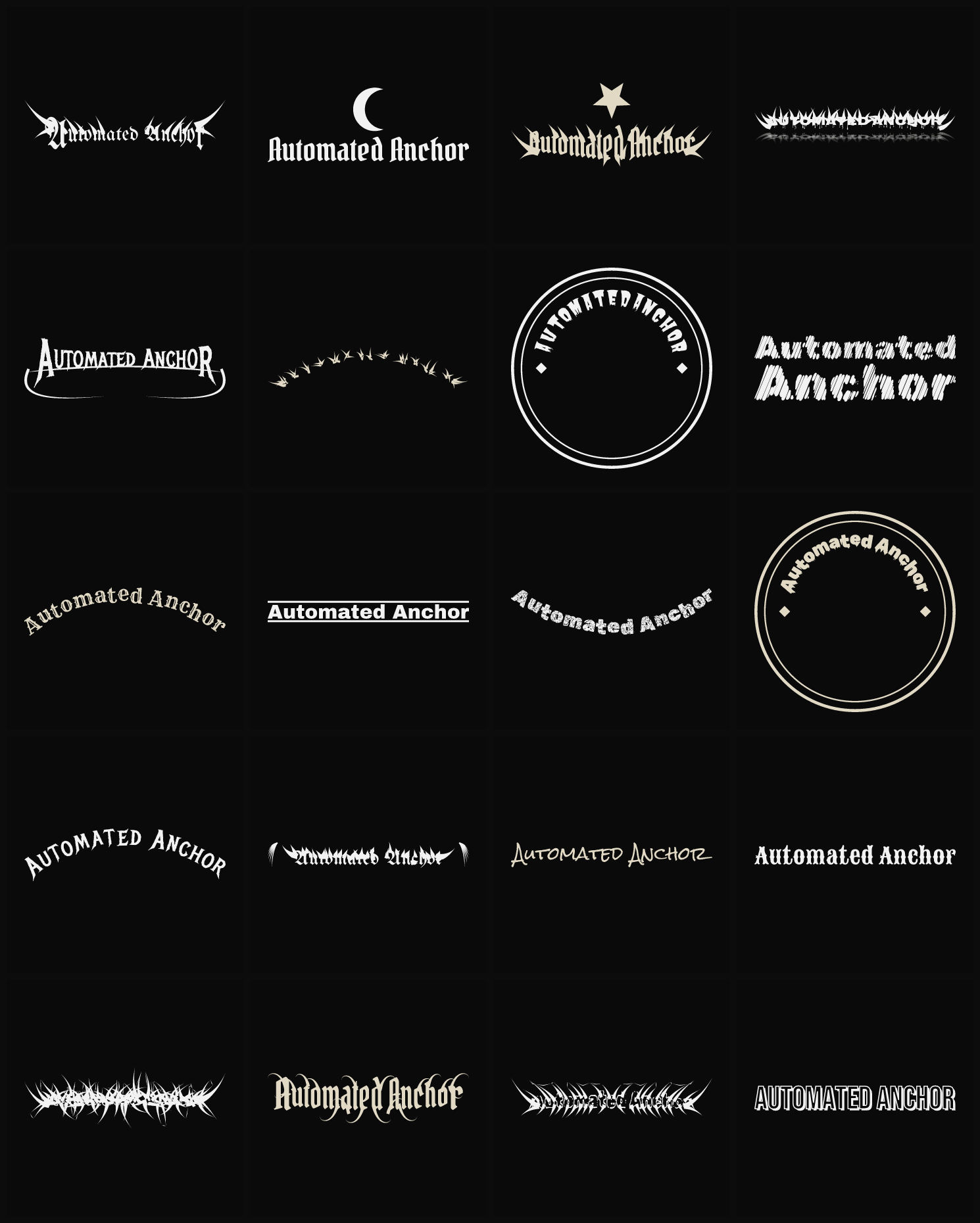 Twenty Automated Anchor band logo ideas — different faces, treatments and spike settings