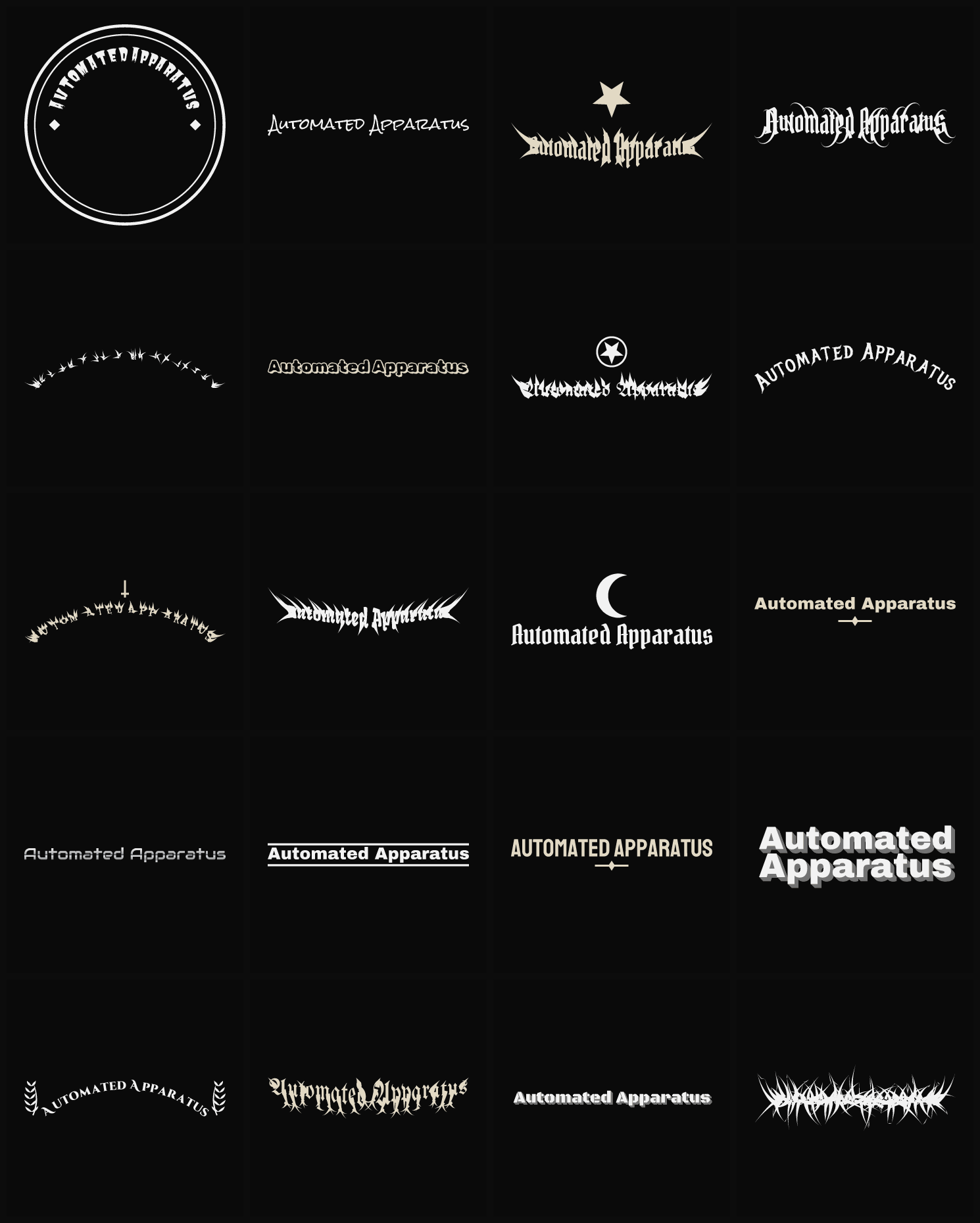 Twenty Automated Apparatus band logo ideas — different faces, treatments and spike settings