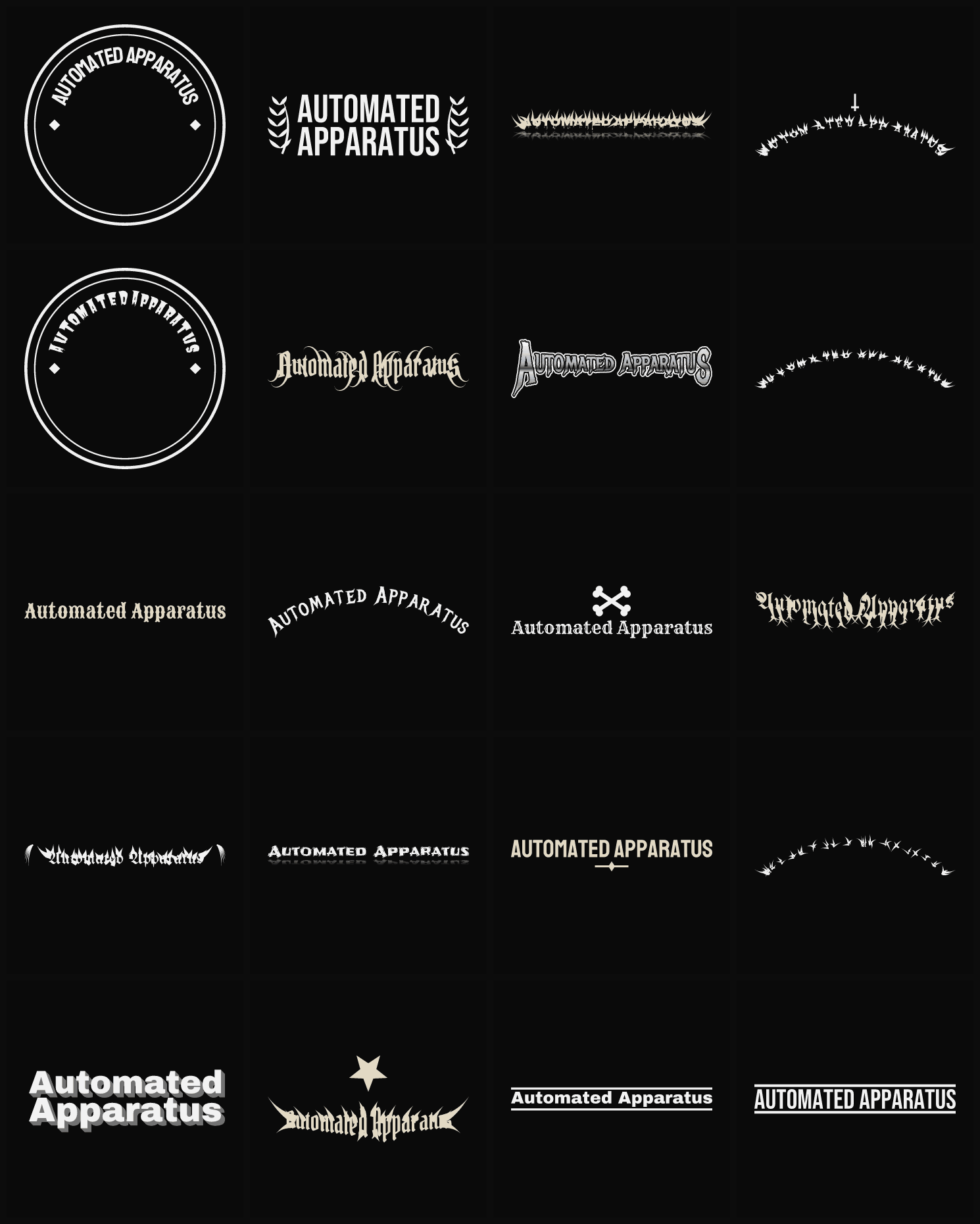 Twenty Automated Apparatus band logo ideas — different faces, treatments and spike settings