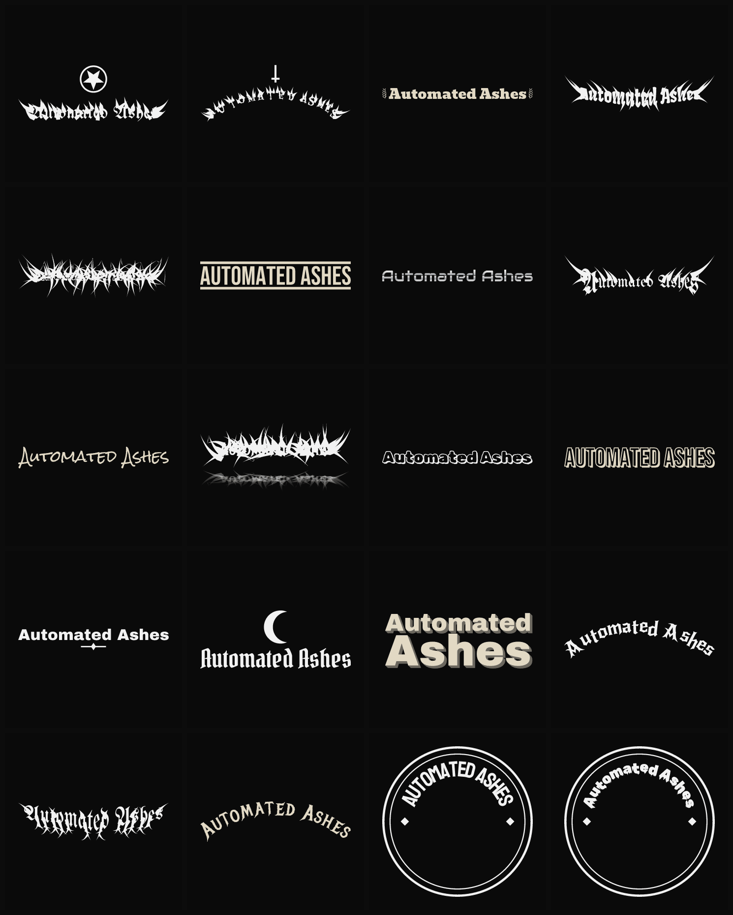 Twenty Automated Ashes band logo ideas — different faces, treatments and spike settings