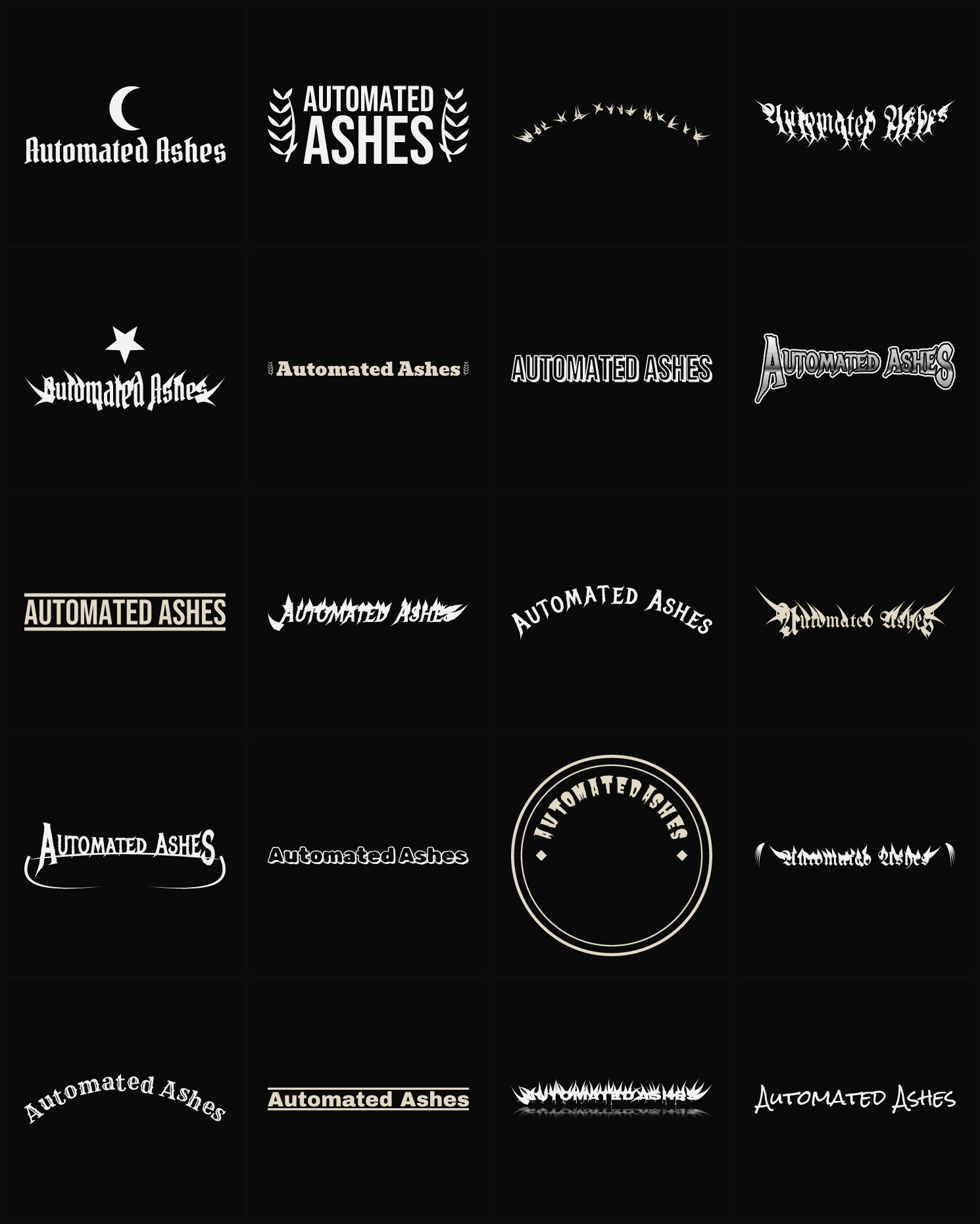 Twenty Automated Ashes band logo ideas — different faces, treatments and spike settings