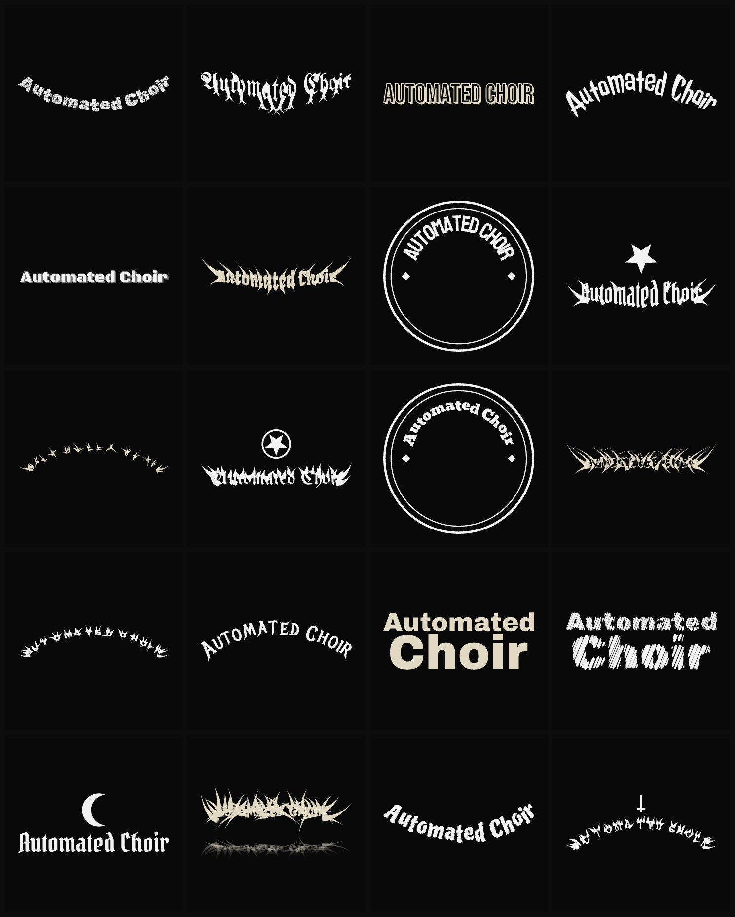 Twenty Automated Choir band logo ideas — different faces, treatments and spike settings