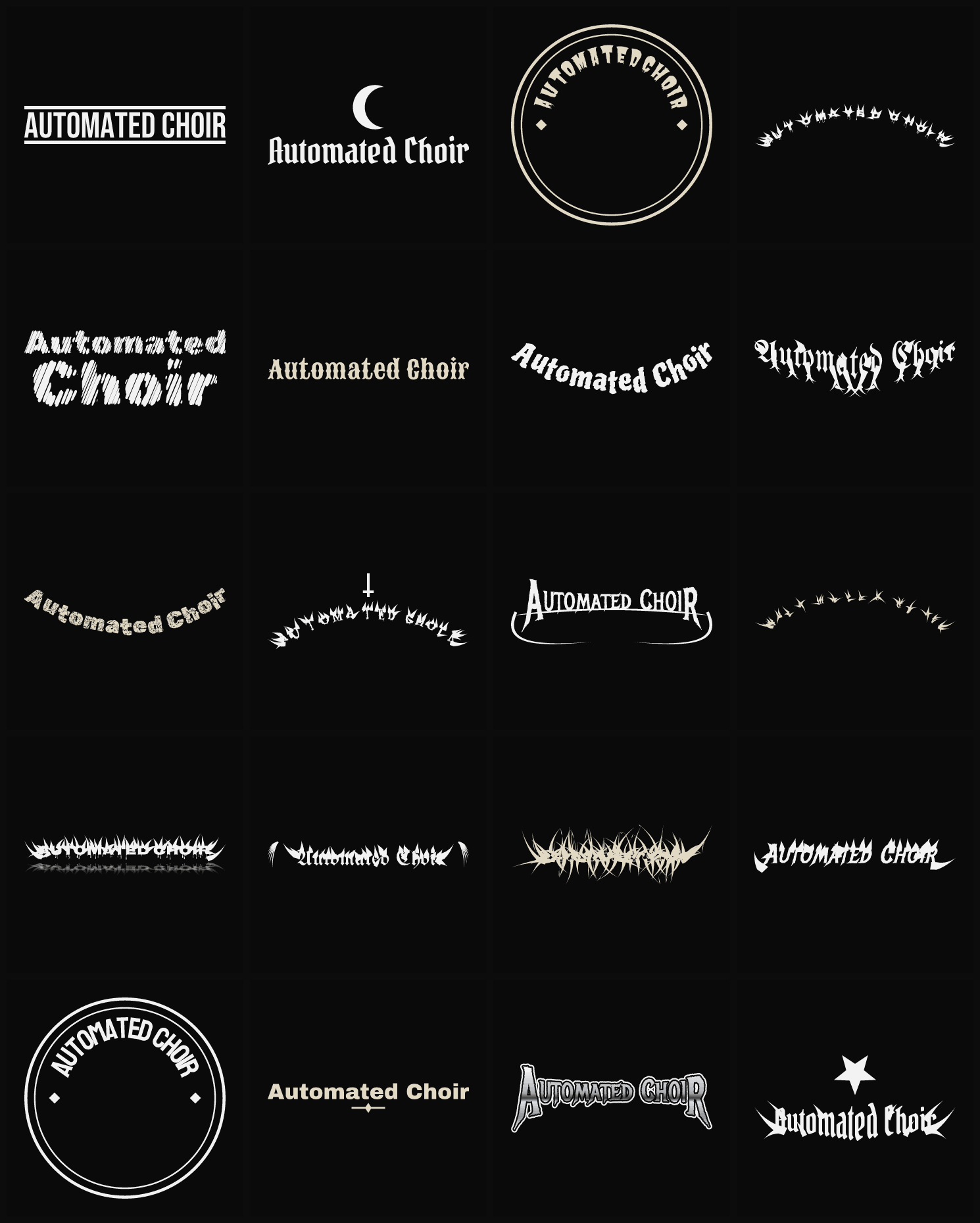 Twenty Automated Choir band logo ideas — different faces, treatments and spike settings