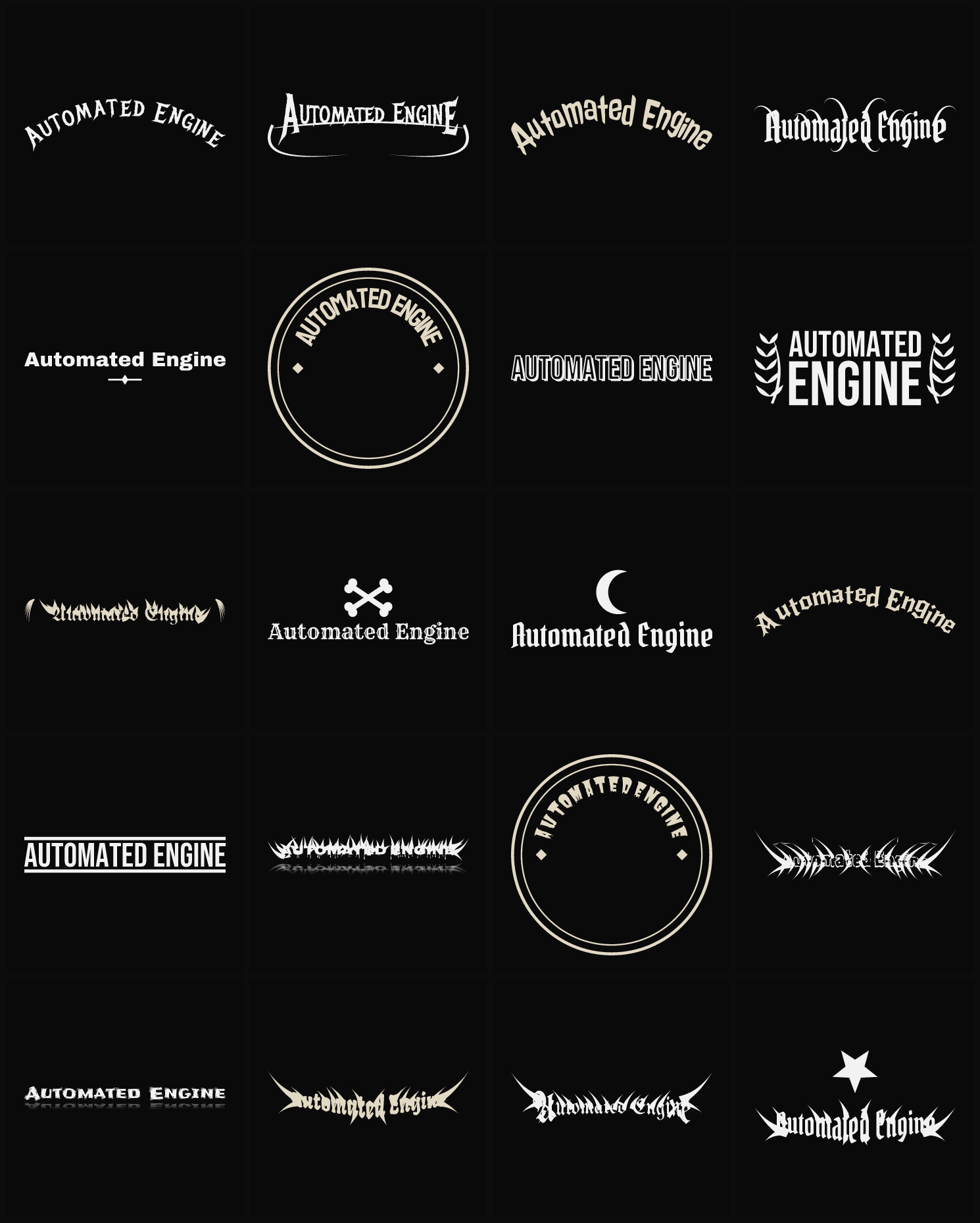 Twenty Automated Engine band logo ideas — different faces, treatments and spike settings