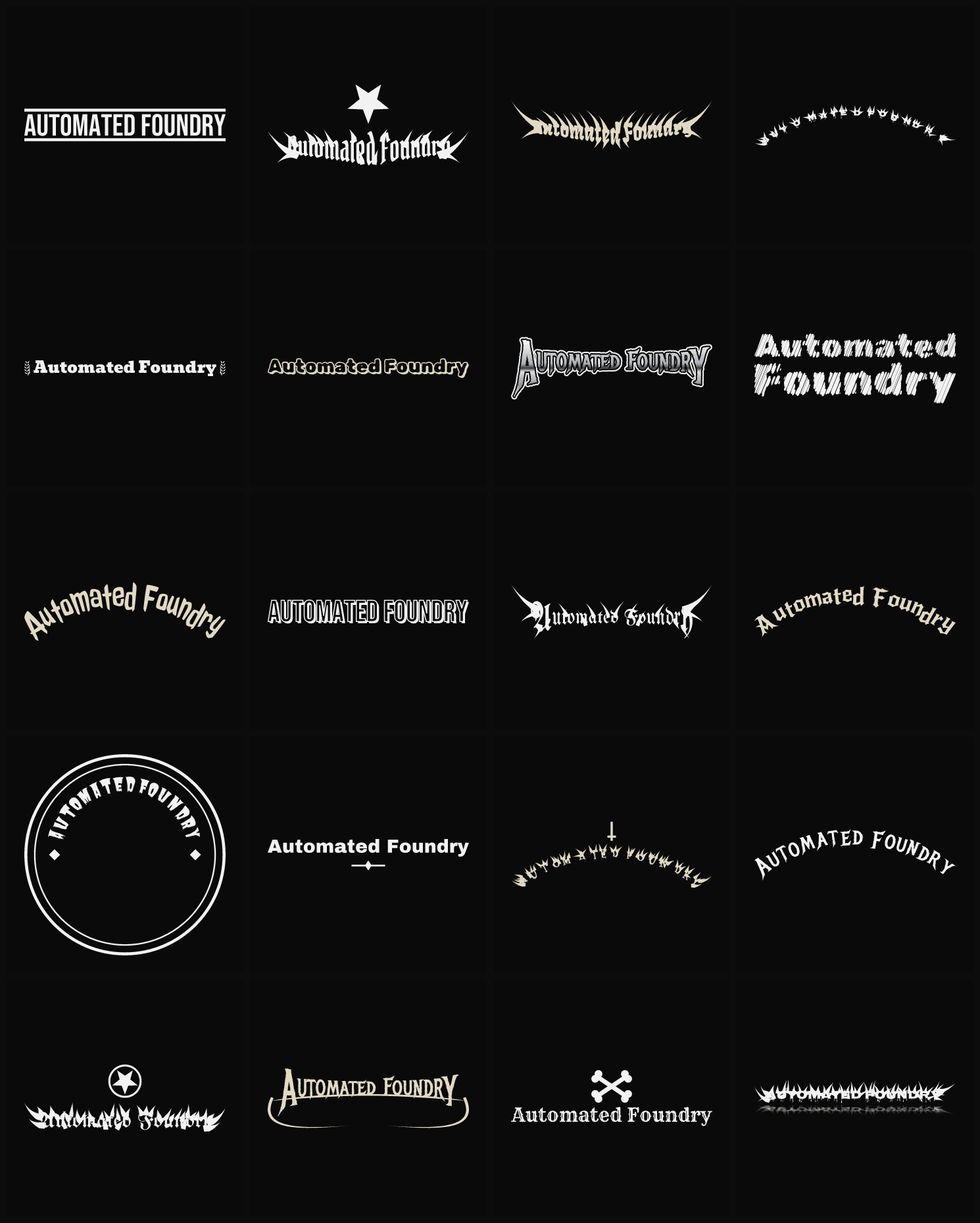 Twenty Automated Foundry band logo ideas — different faces, treatments and spike settings