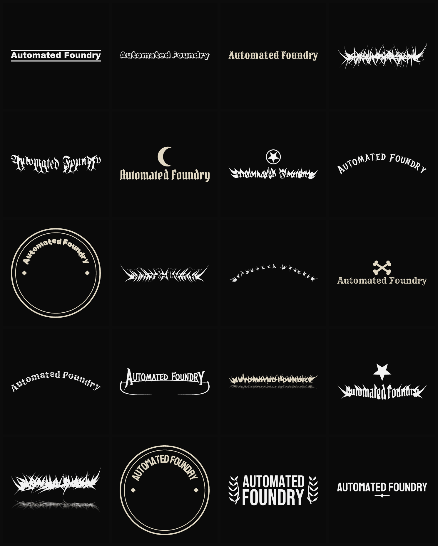 Twenty Automated Foundry band logo ideas — different faces, treatments and spike settings