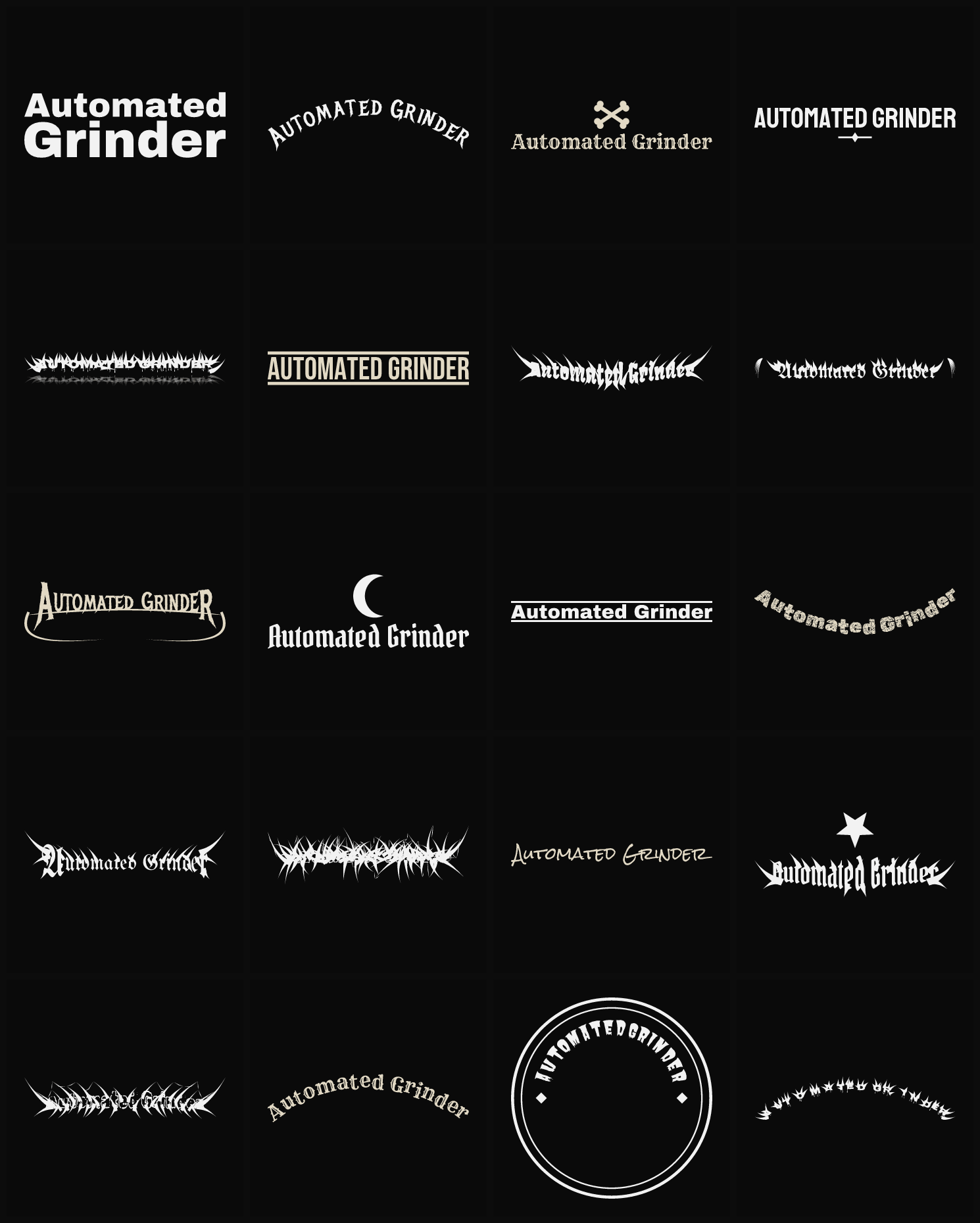 Twenty Automated Grinder band logo ideas — different faces, treatments and spike settings