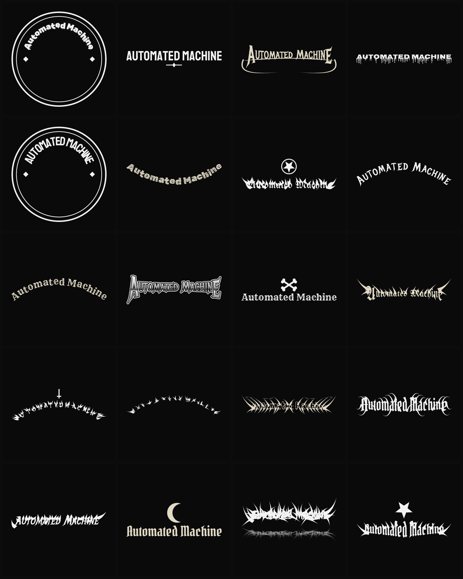 Twenty Automated Machine band logo ideas — different faces, treatments and spike settings