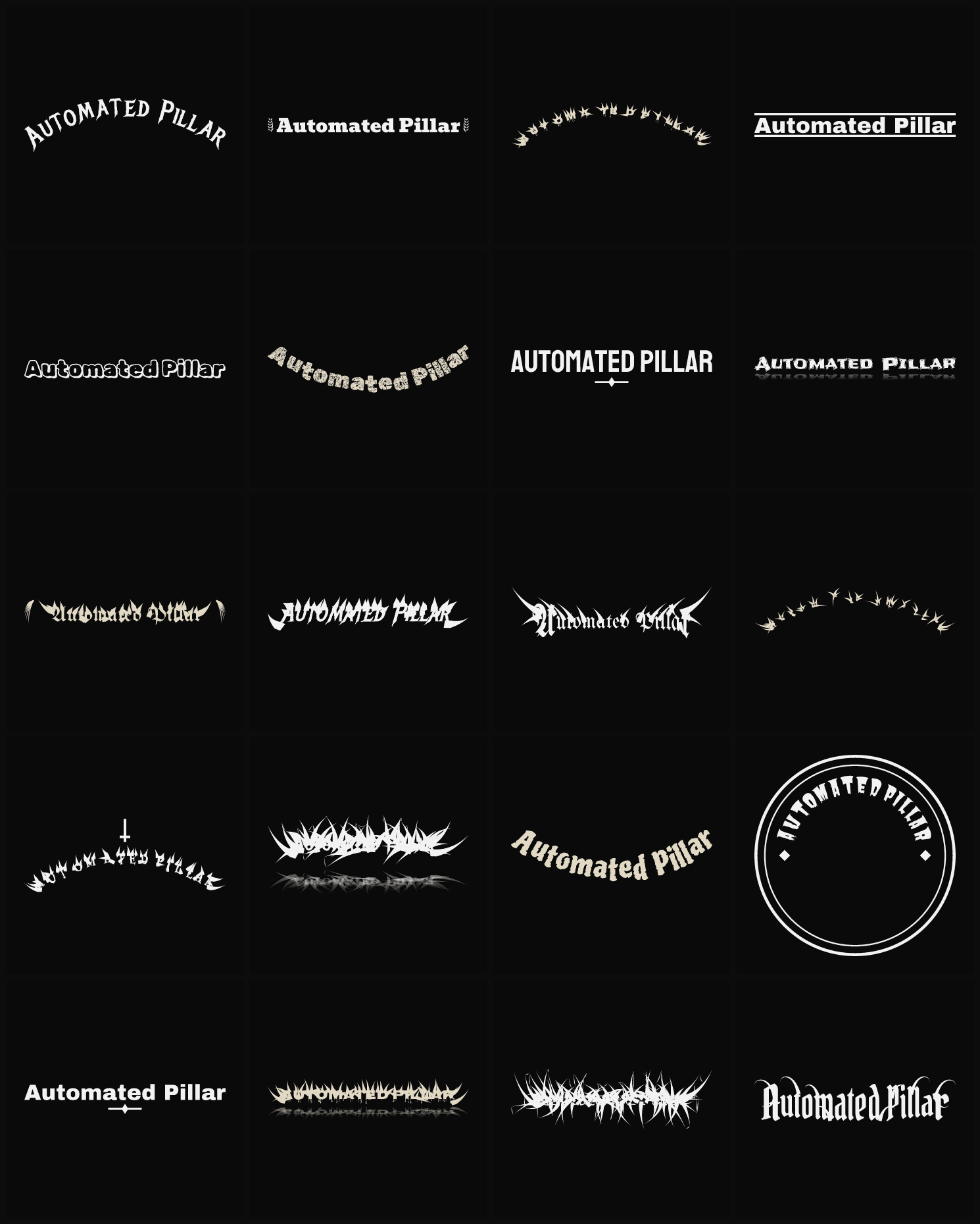 Twenty Automated Pillar band logo ideas — different faces, treatments and spike settings