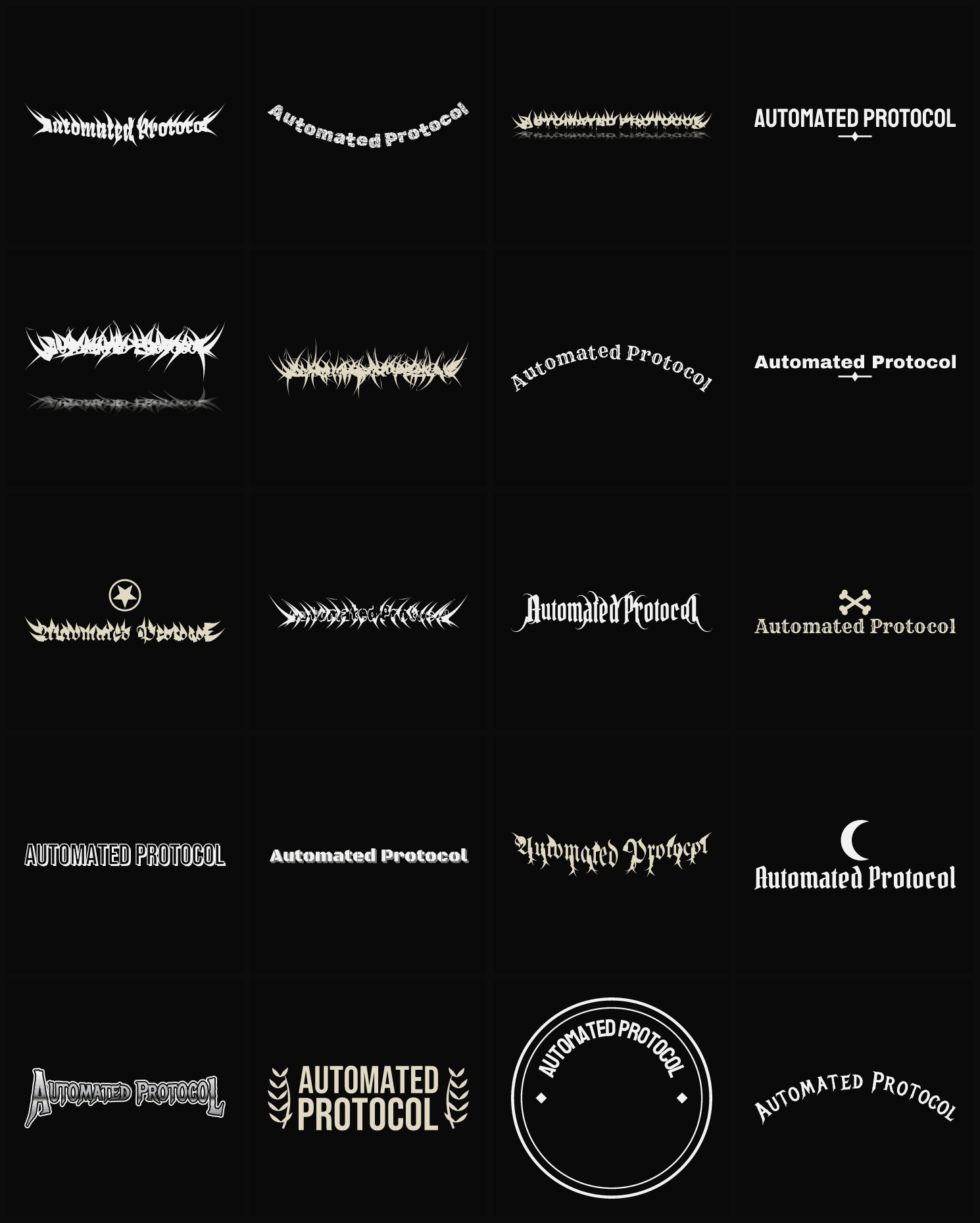 Twenty Automated Protocol band logo ideas — different faces, treatments and spike settings
