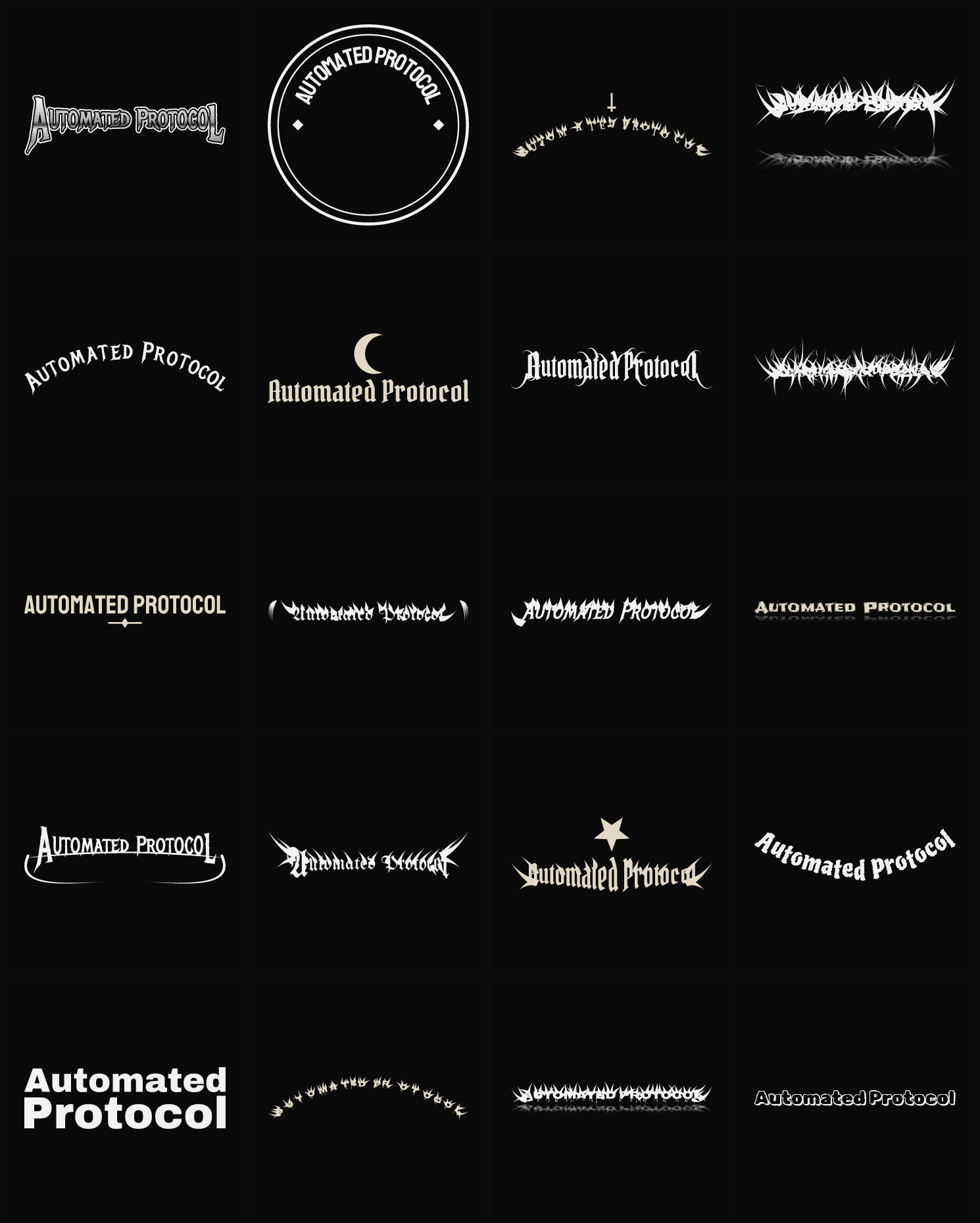 Twenty Automated Protocol band logo ideas — different faces, treatments and spike settings