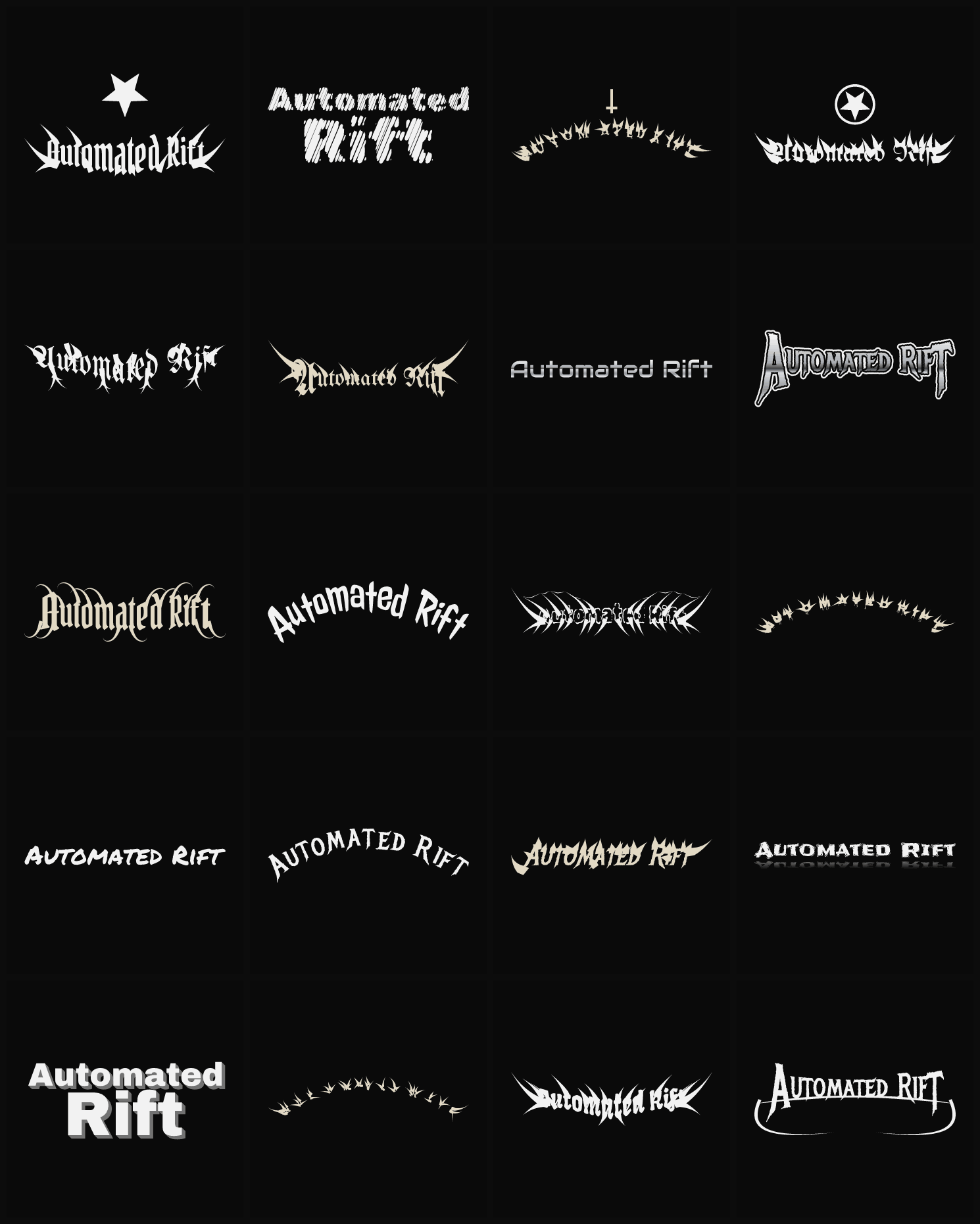 Twenty Automated Rift band logo ideas — different faces, treatments and spike settings