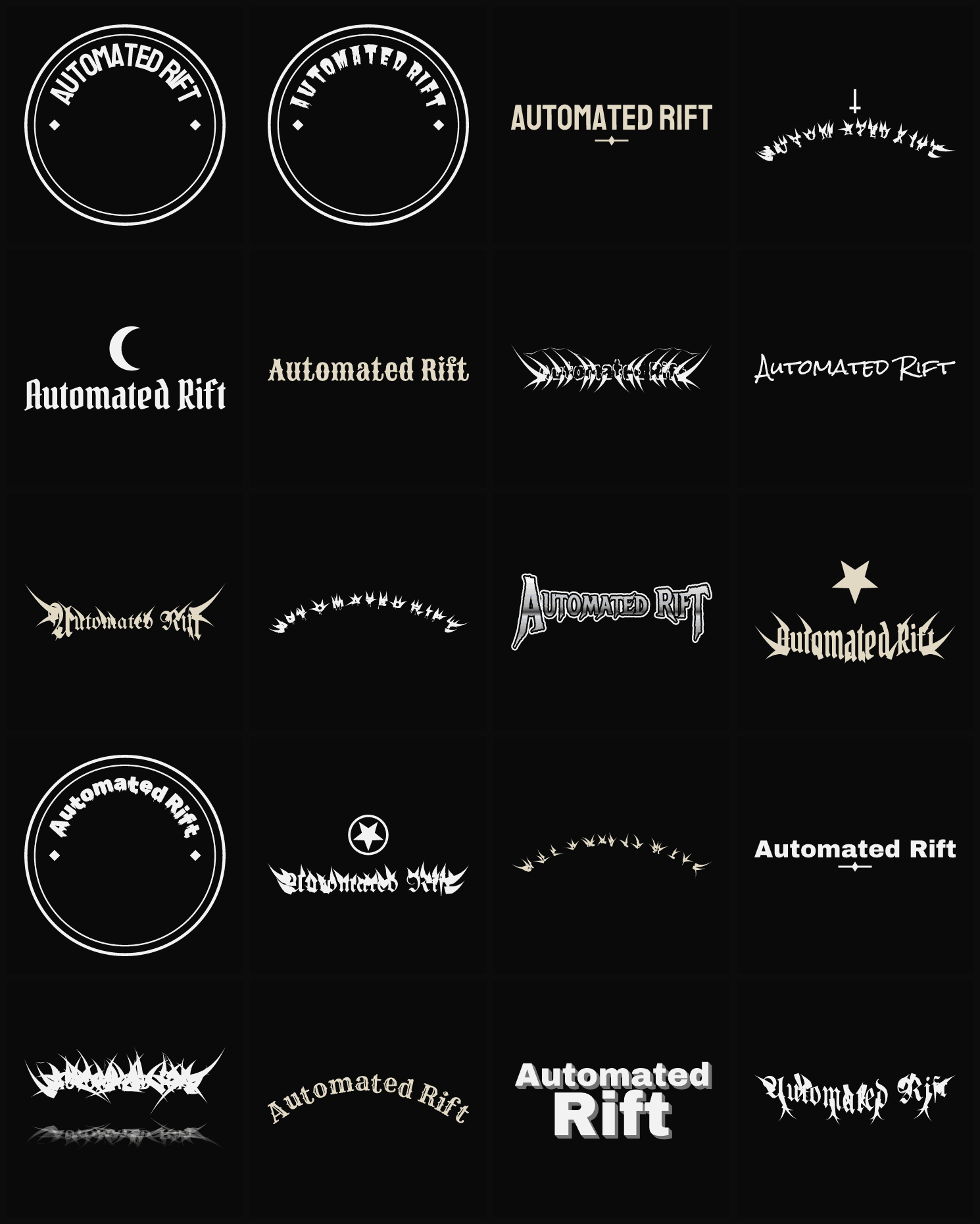 Twenty Automated Rift band logo ideas — different faces, treatments and spike settings
