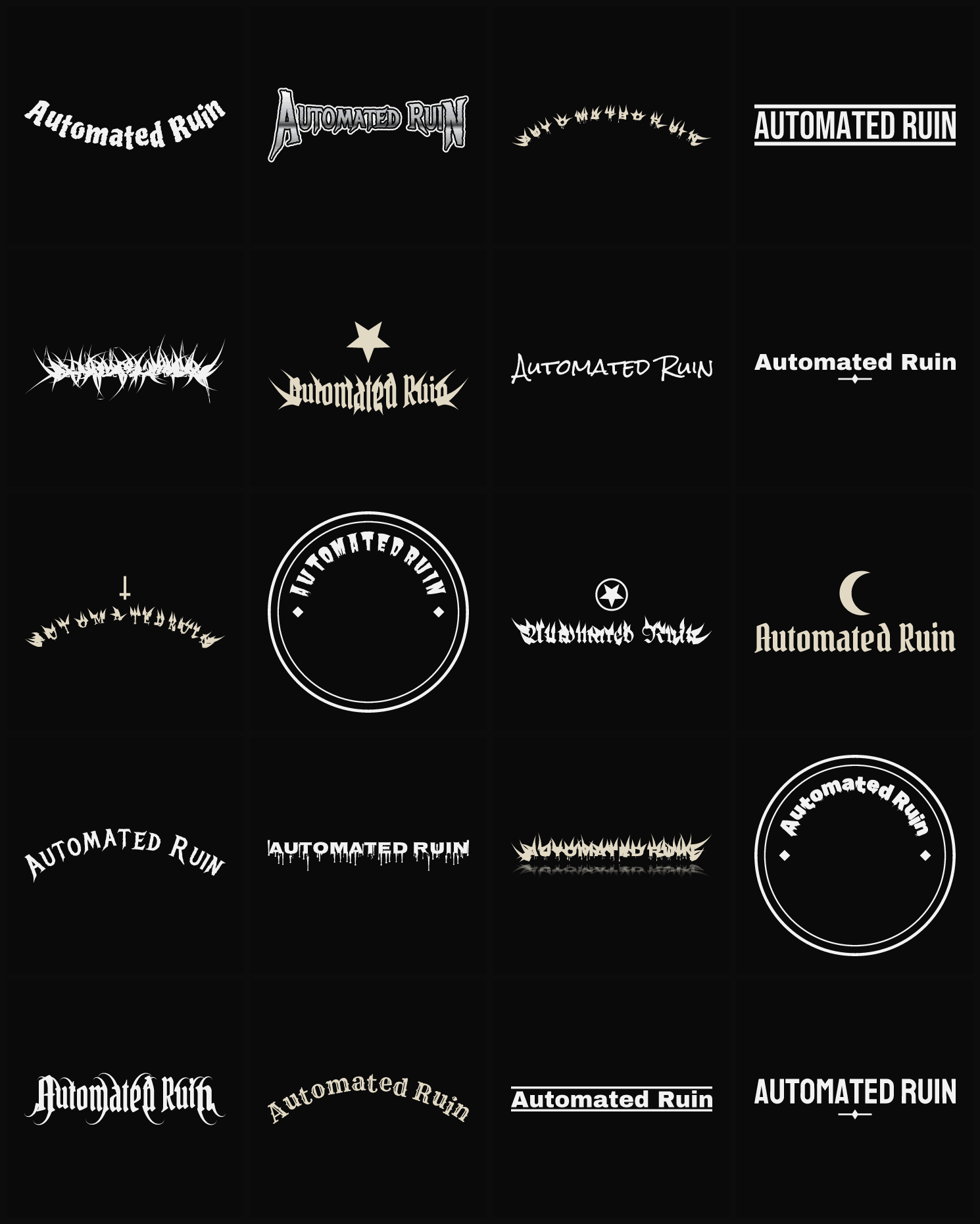 Twenty Automated Ruin band logo ideas — different faces, treatments and spike settings