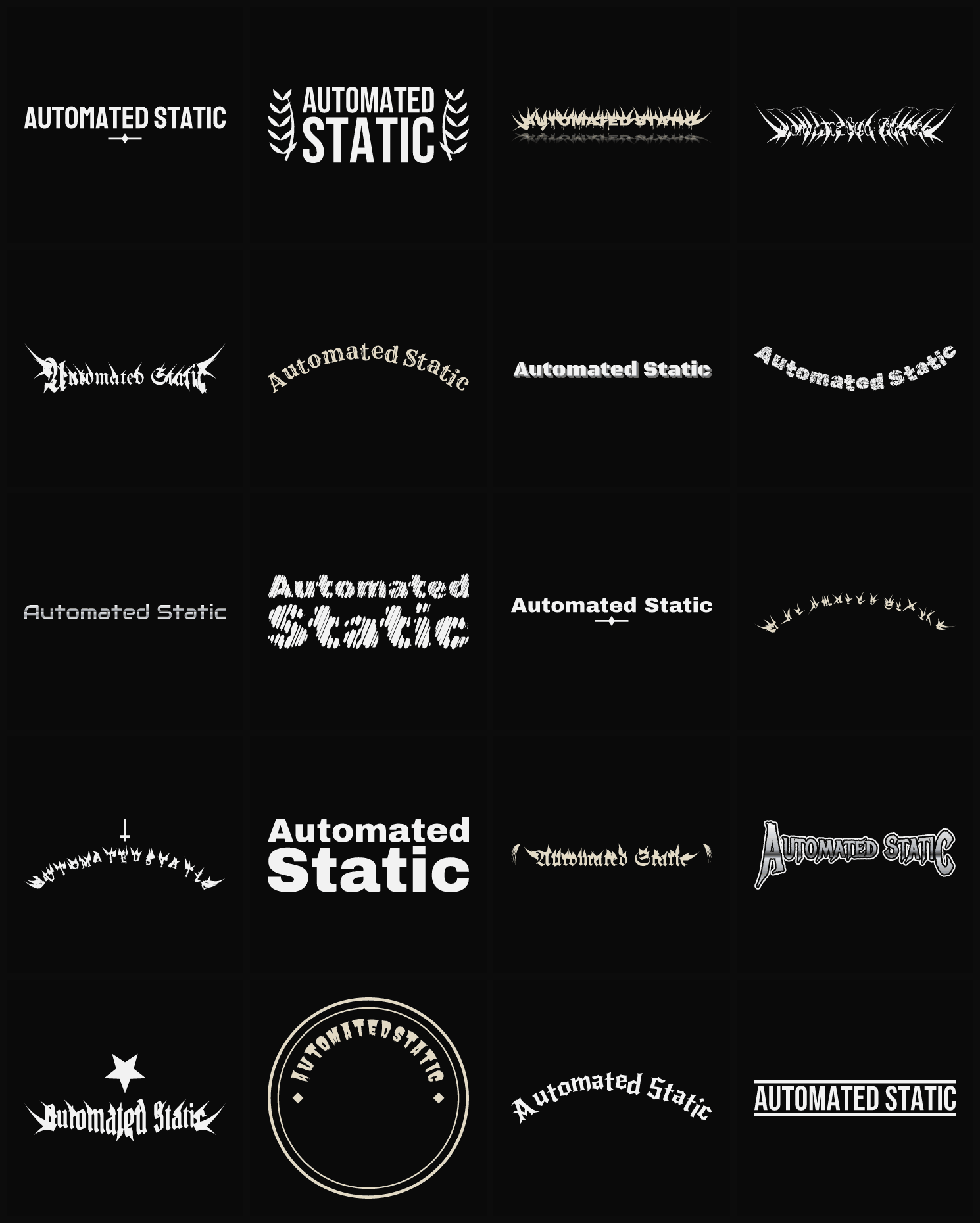 Twenty Automated Static band logo ideas — different faces, treatments and spike settings