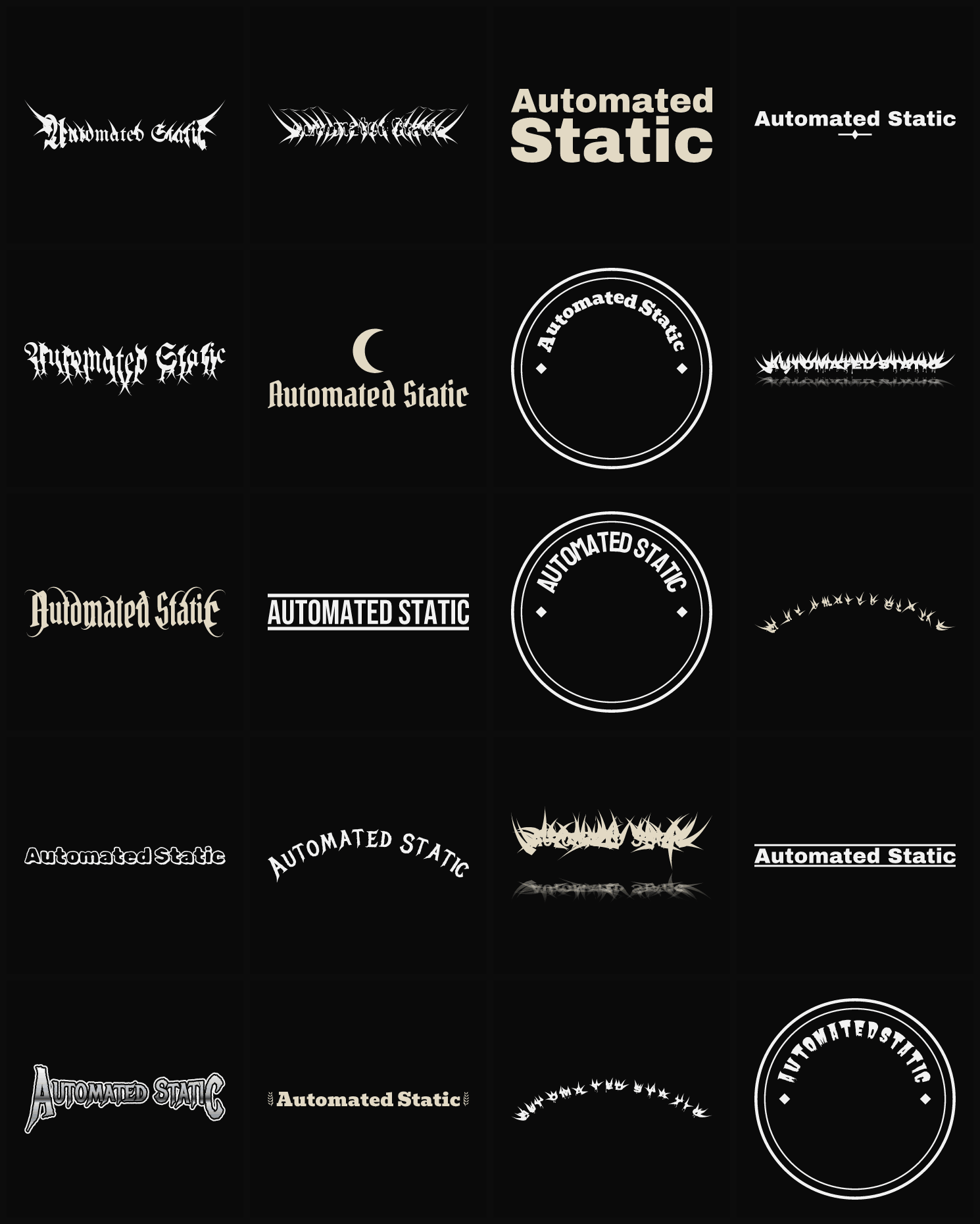 Twenty Automated Static band logo ideas — different faces, treatments and spike settings