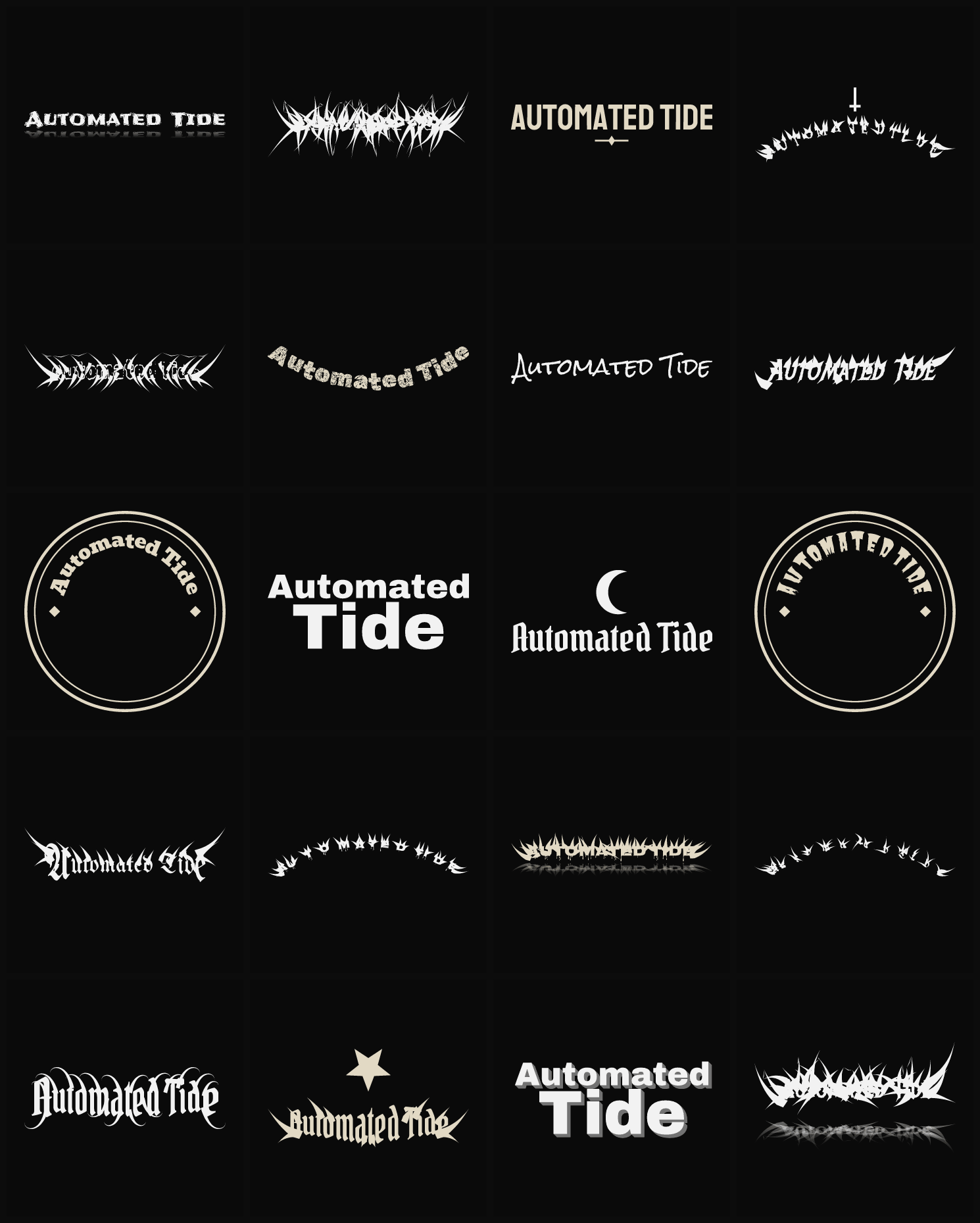 Twenty Automated Tide band logo ideas — different faces, treatments and spike settings