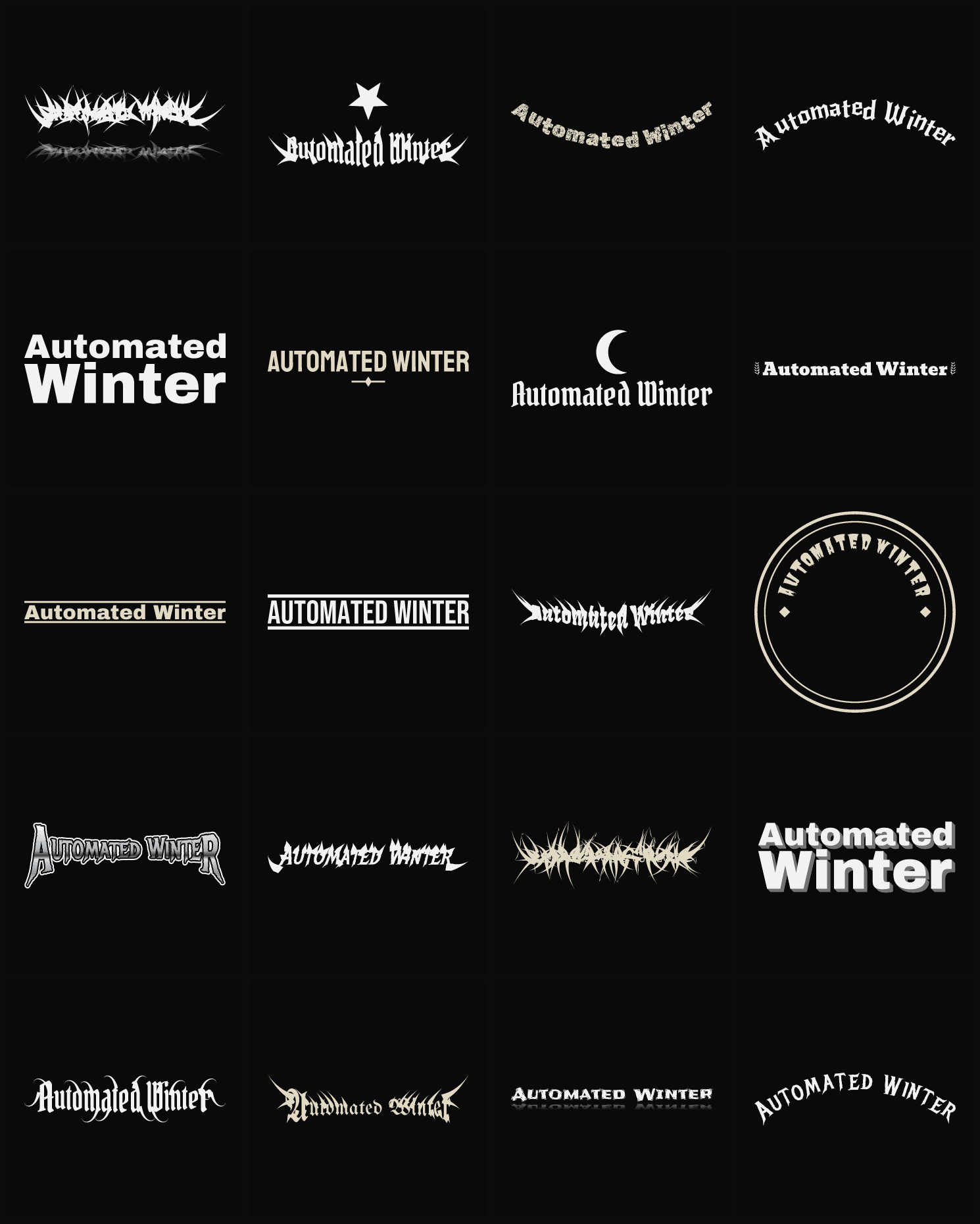 Twenty Automated Winter band logo ideas — different faces, treatments and spike settings