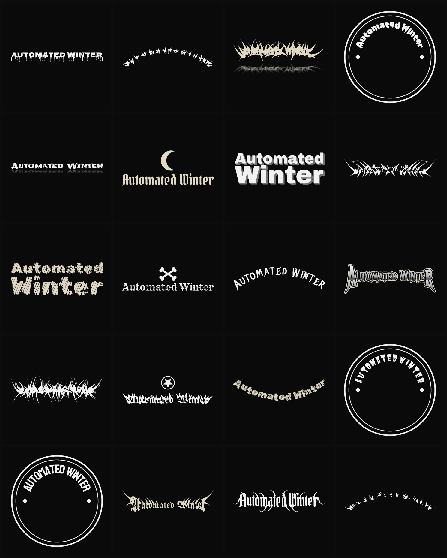 Twenty Automated Winter band logo ideas — different faces, treatments and spike settings