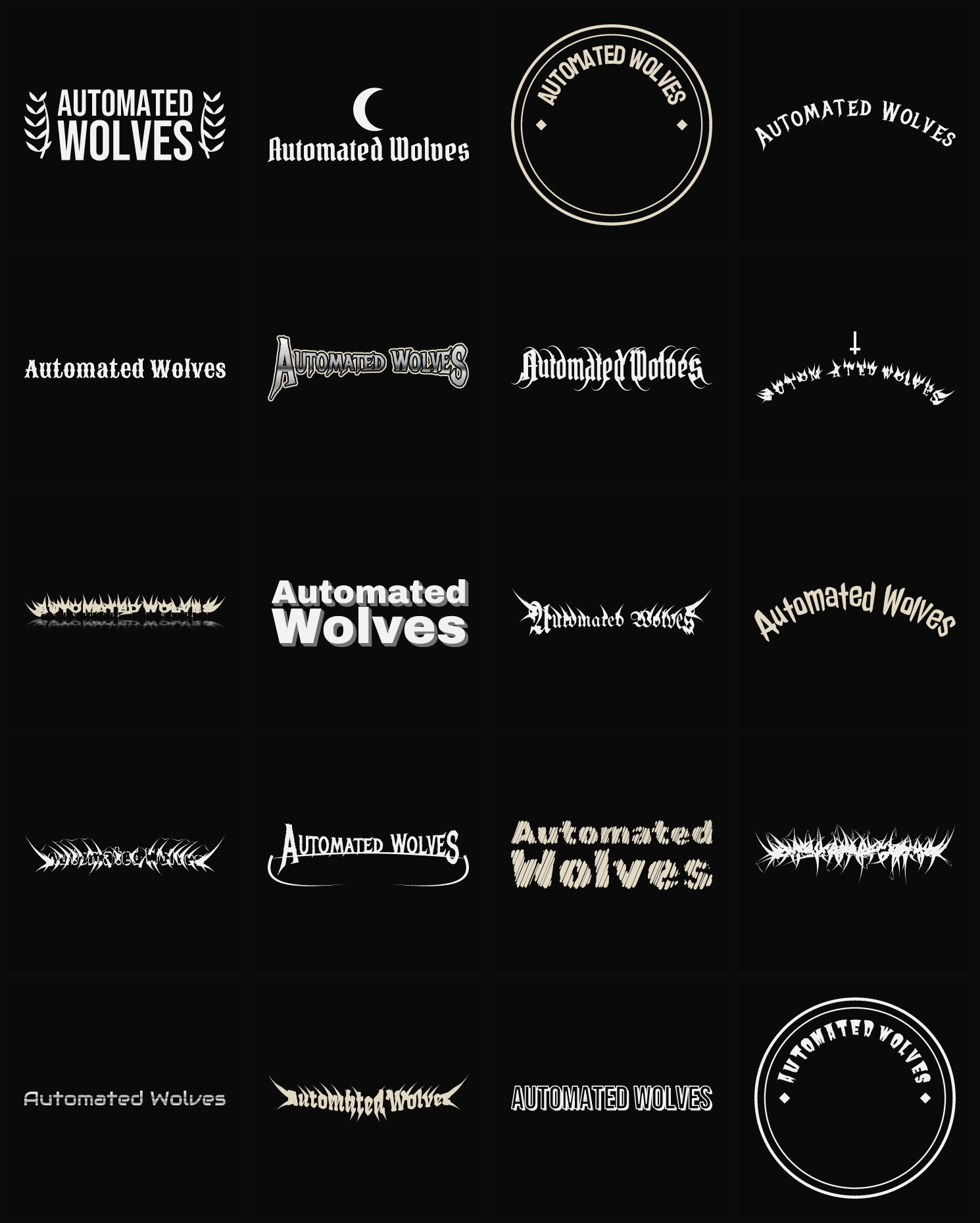 Twenty Automated Wolves band logo ideas — different faces, treatments and spike settings